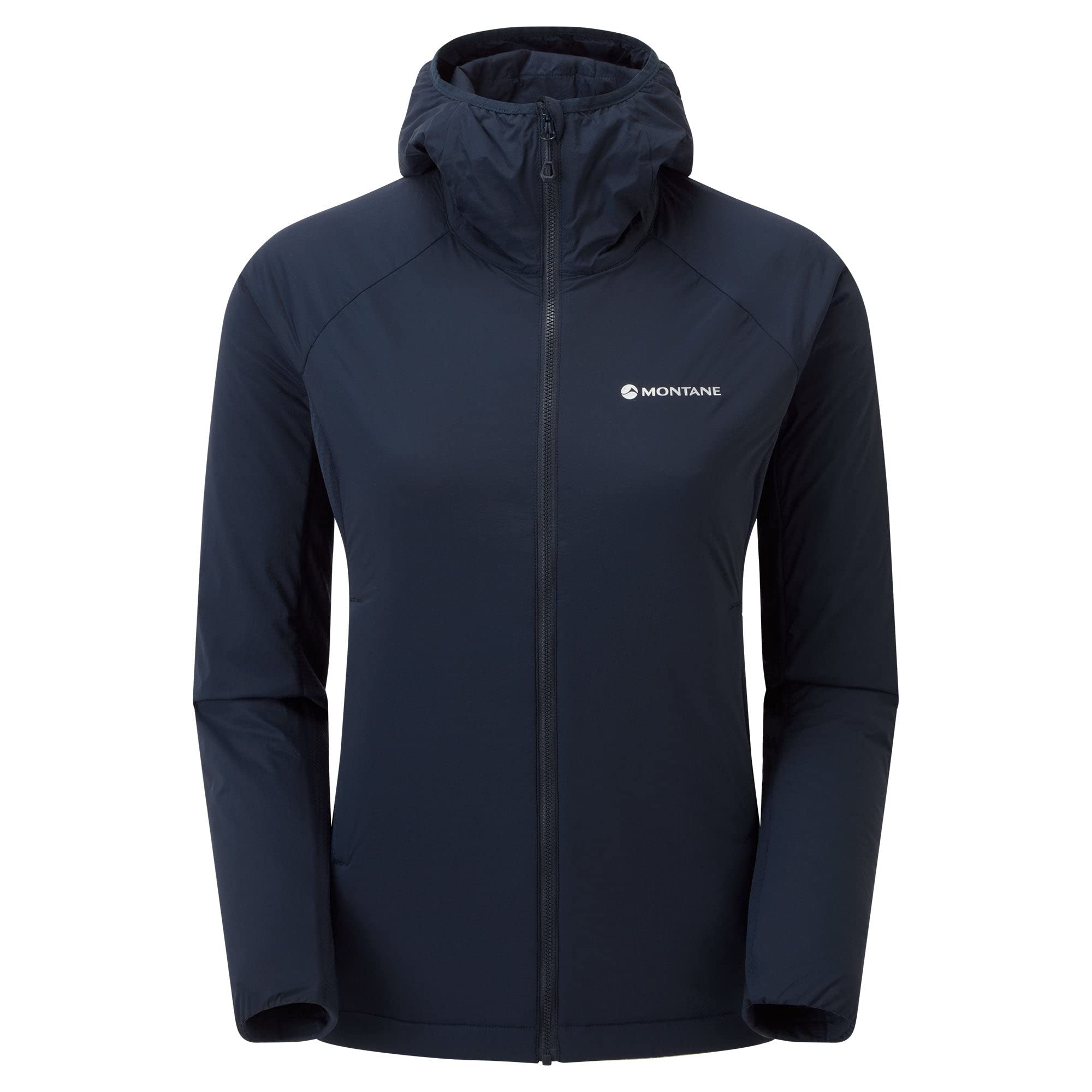 The Montane Women's Fireball Lite Hooded Jacket in Eclipse Blue, an eco-friendly outdoor jacket with a front zipper, long sleeves, and the Montane logo on the left chest, is shown against a plain white background.