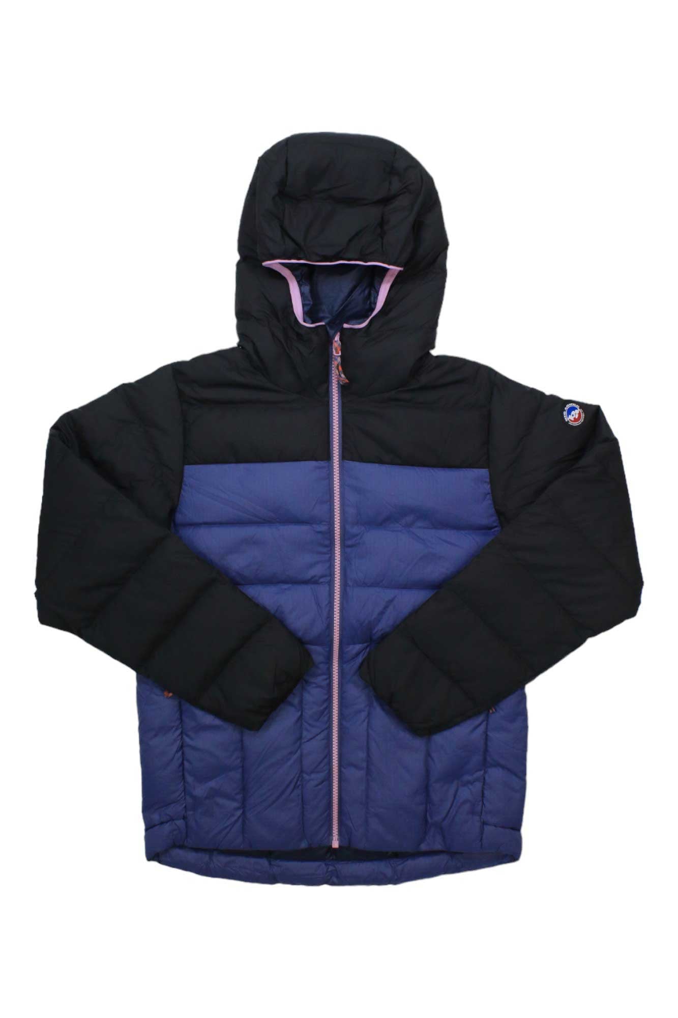 The Big Agnes Kid's Ice House Jacket is a black and dark blue winter coat with a hood, front zipper, long sleeves, pink trim on the zipper and hood, DownTek insulation for warmth, and a small circular patch on the left sleeve.