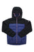 The Big Agnes Kid's Ice House Jacket is a black and dark blue winter coat with a hood, front zipper, long sleeves, pink trim on the zipper and hood, DownTek insulation for warmth, and a small circular patch on the left sleeve.