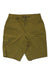Black Diamond Men's Valley 11.5 Shorts in olive green feature a front zipper, button closure, water-resistant fabric, zippered side pocket, and an adjustable waist belt, shown laid flat on a white background.