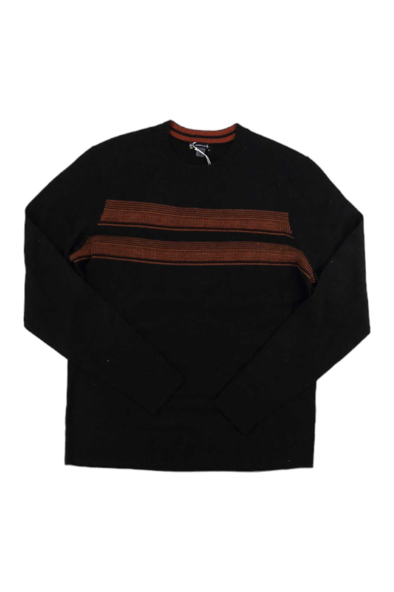 The Smartwool Men's Sparwood Stripe Crew Sweater in black features soft Merino wool, two orange and brown chest stripes, and a matching collar stripe. Laid flat on a white background, it’s perfect as a stylish travel sweater.