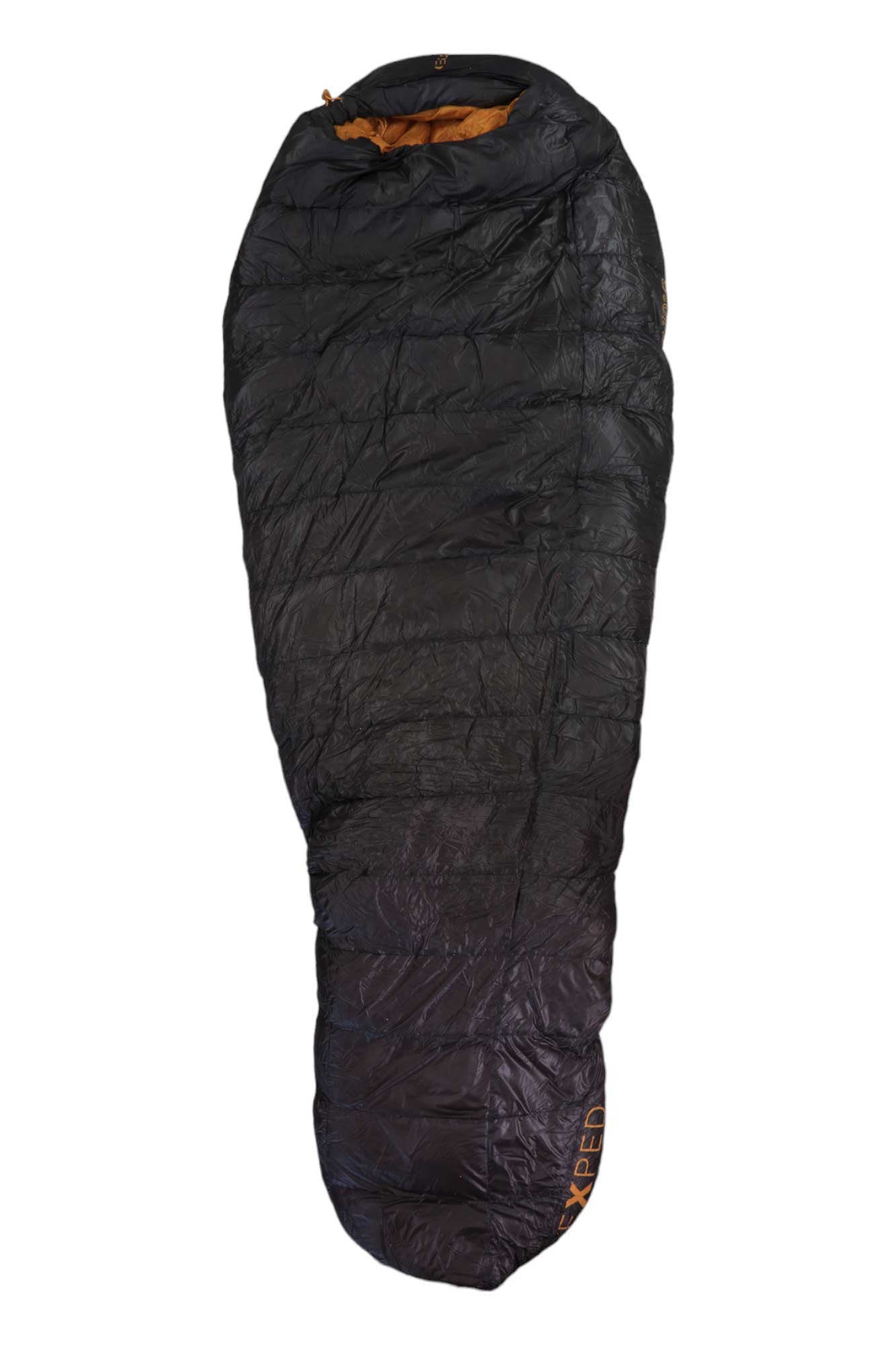 The Exped Ultra -10C Sleeping Bag is a black, lightweight mummy-style sleeping bag with an orange-brown inner lining, designed for outdoor camping and backpacking in three seasons.