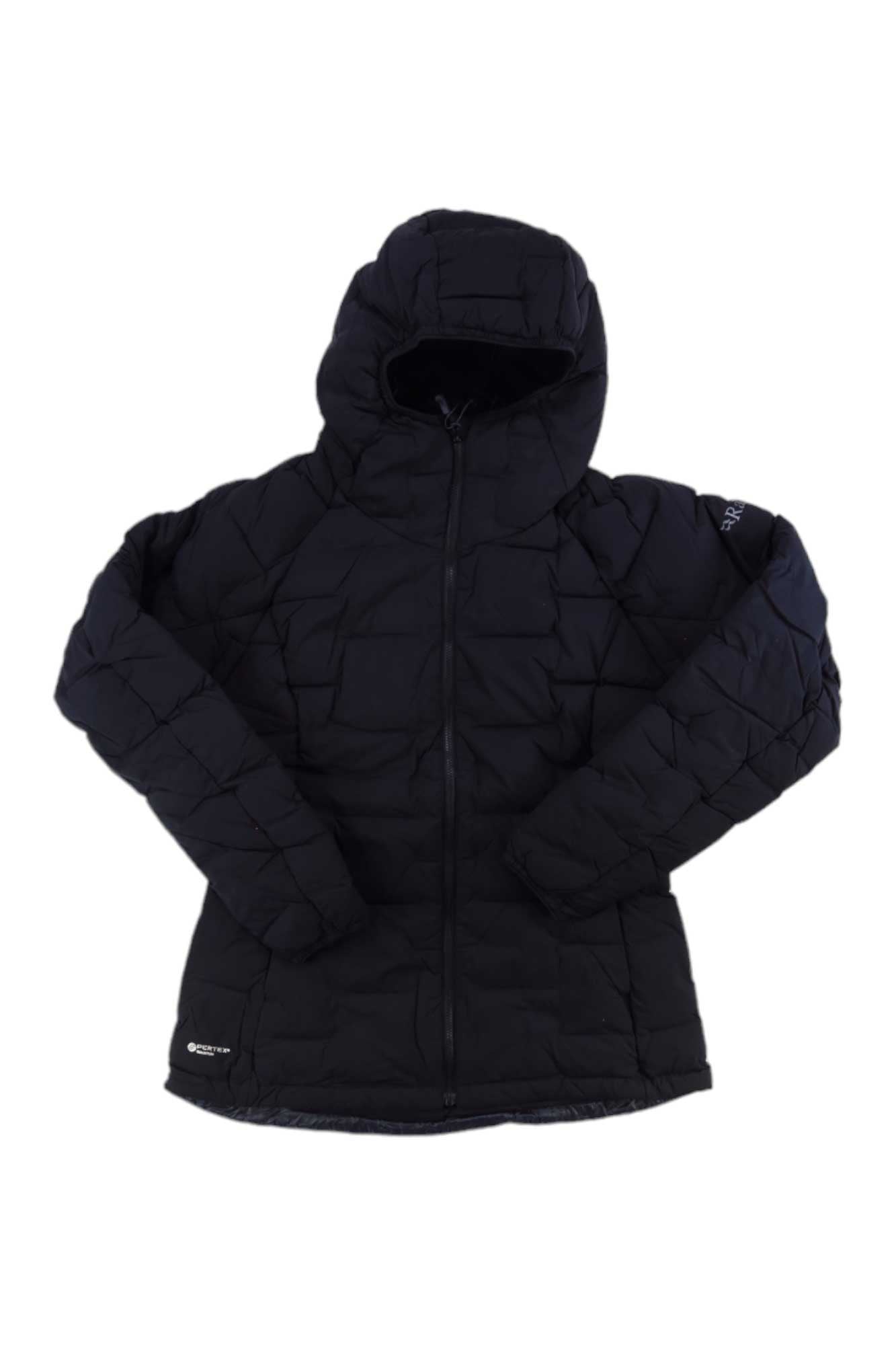 Women's black quilted down hoodie, full-zip with adjustable hood and side pockets