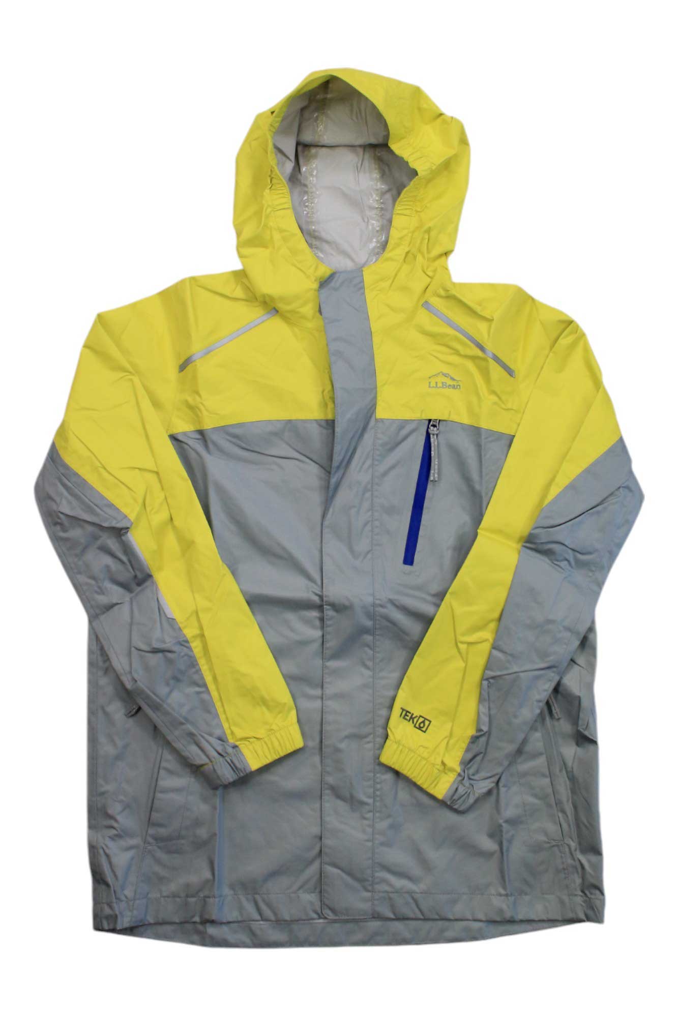 Kids color-block rain jacket, yellow and gray panels, hood, blue zipper pull, front zip