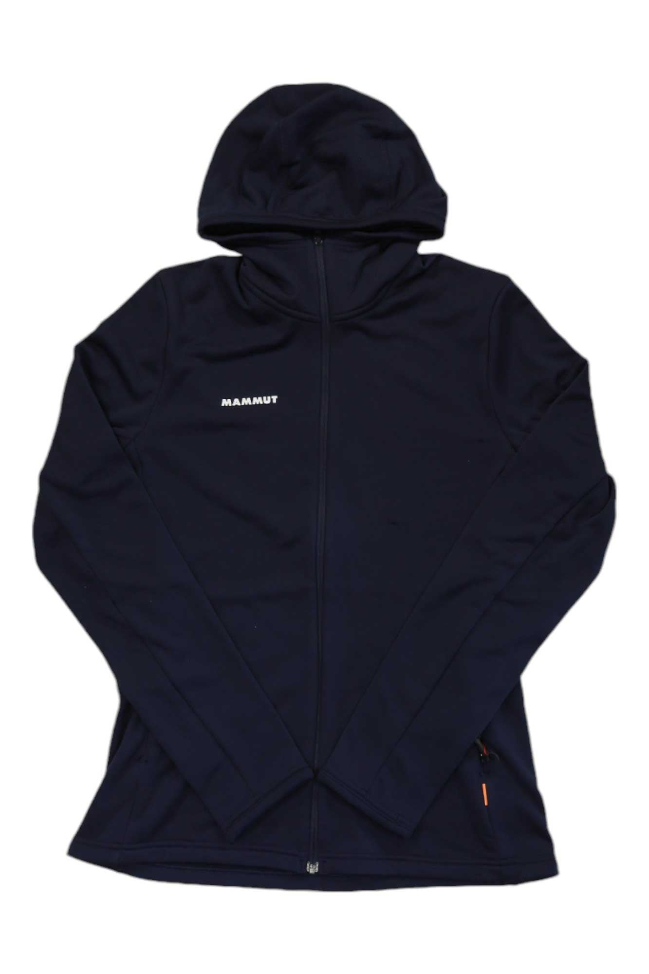 A black Mammut Womens Aconcagua Light ML Hooded Jacket with long sleeves, "MAMMUT" in white on the left chest, is shown laid flat on a white background.