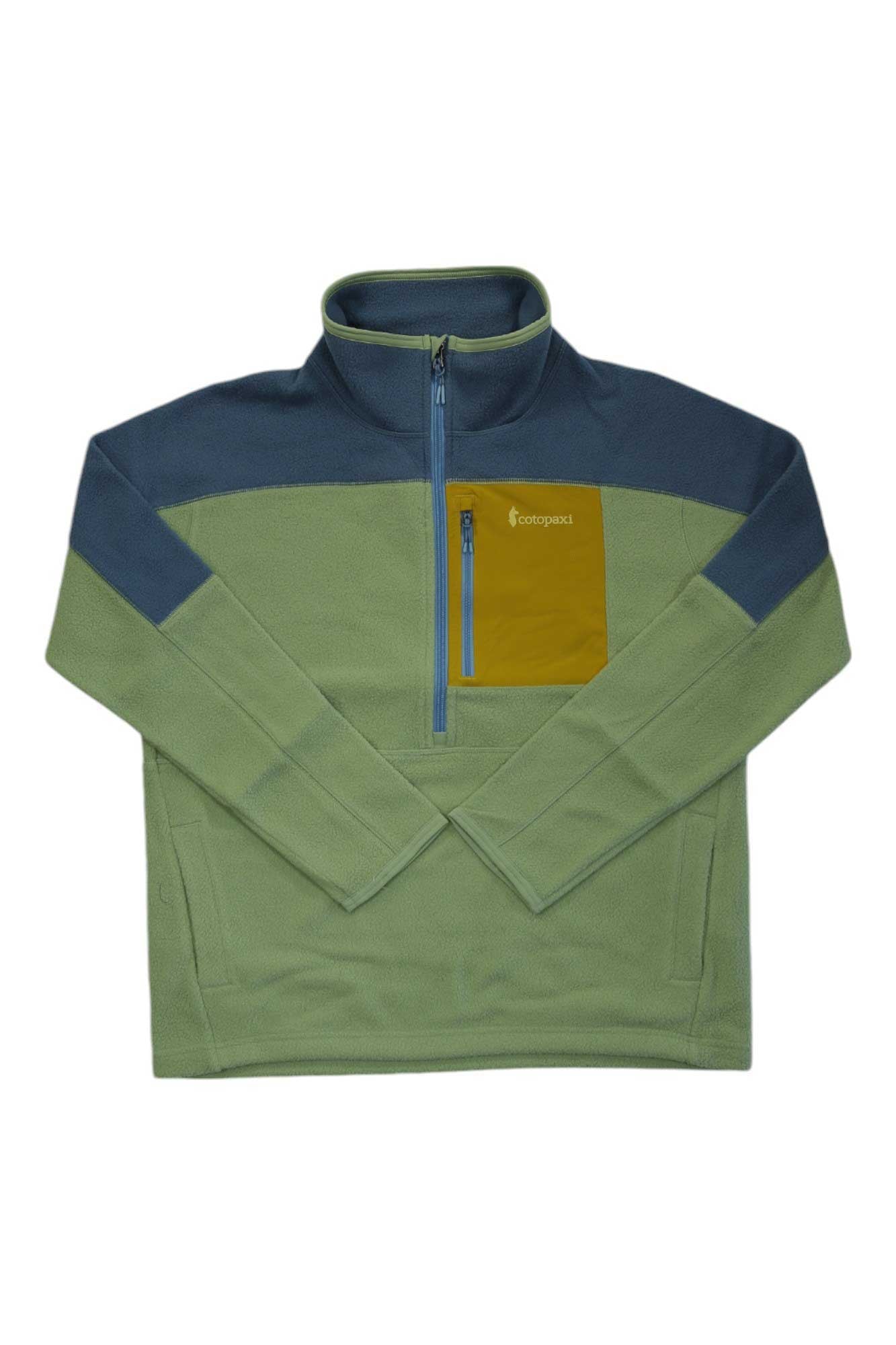The Cotopaxi Womens Abrazo Half-Zip Fleece Jacket is a light green fleece with long sleeves, blue shoulder panel, blue zip-up collar, yellow chest pocket, and made from recycled polyester.