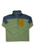 The Cotopaxi Womens Abrazo Half-Zip Fleece Jacket is a light green fleece with long sleeves, blue shoulder panel, blue zip-up collar, yellow chest pocket, and made from recycled polyester.
