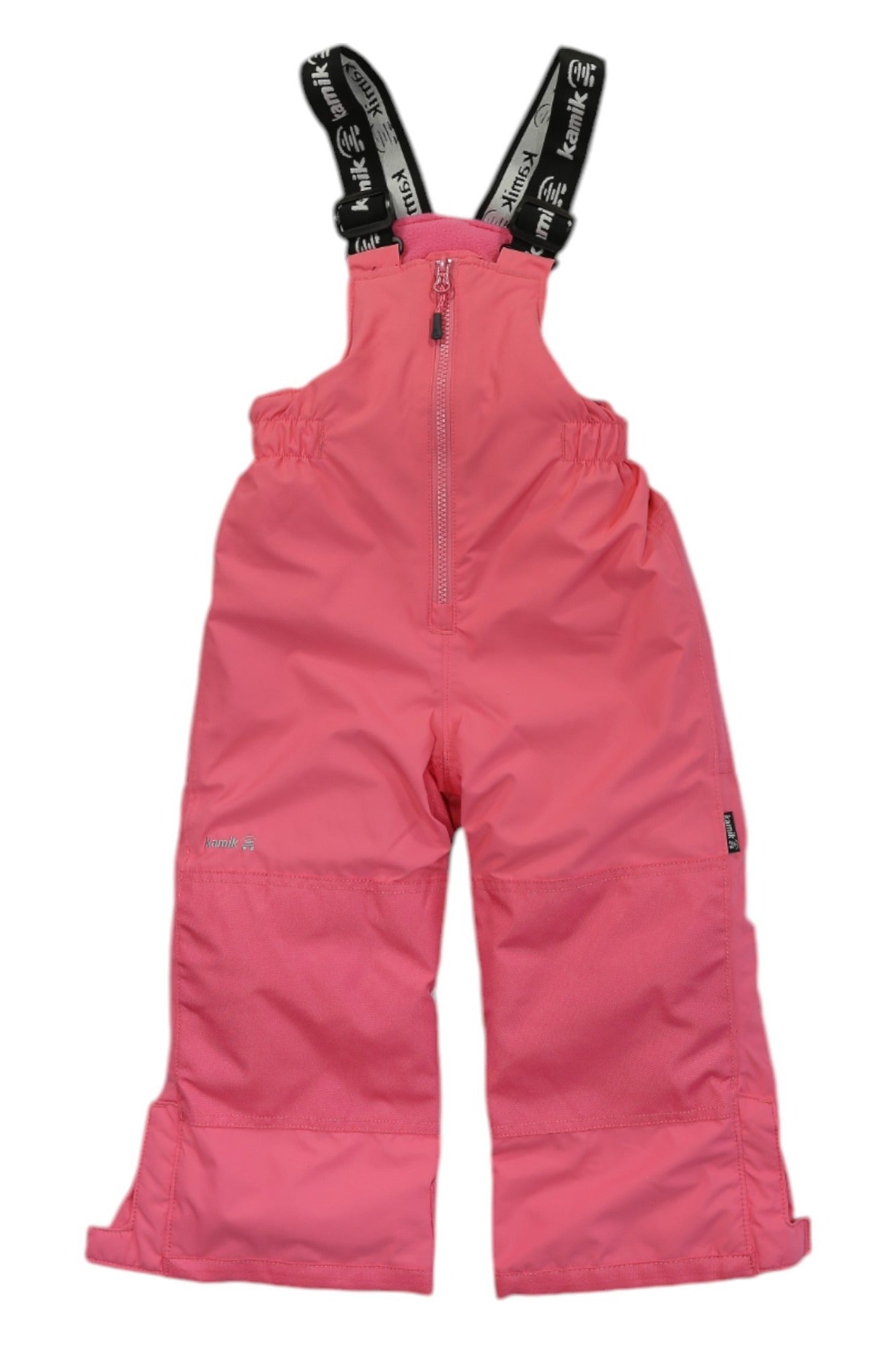 The Kamik Kids' Winkie Bib Pant is shown laid flat on a white background, featuring pink snow pants with adjustable suspenders, a front zipper, an elastic waist, and reinforced knees.