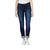 Dark blue straight jeans on model, five-pocket style with belt loops and cuffed hem.