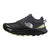 Womens black trail shoe with grippy lugged outsole and lime heel panel
