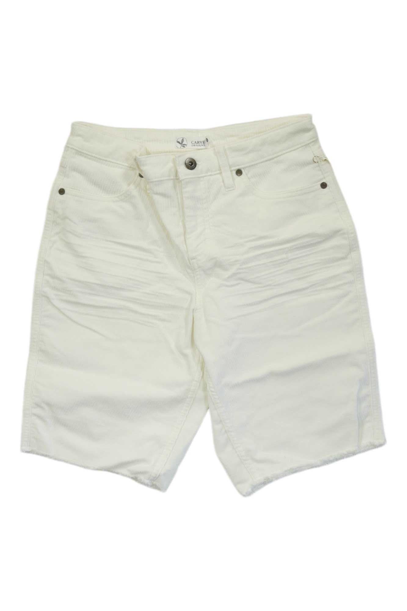 The Carve Designs Womens Oahu Hi Rise 10 Inch Short in white features front and back pockets, button and zipper closure, visible crease lines, and is made from soft organic cotton for comfortable all-day wear.
