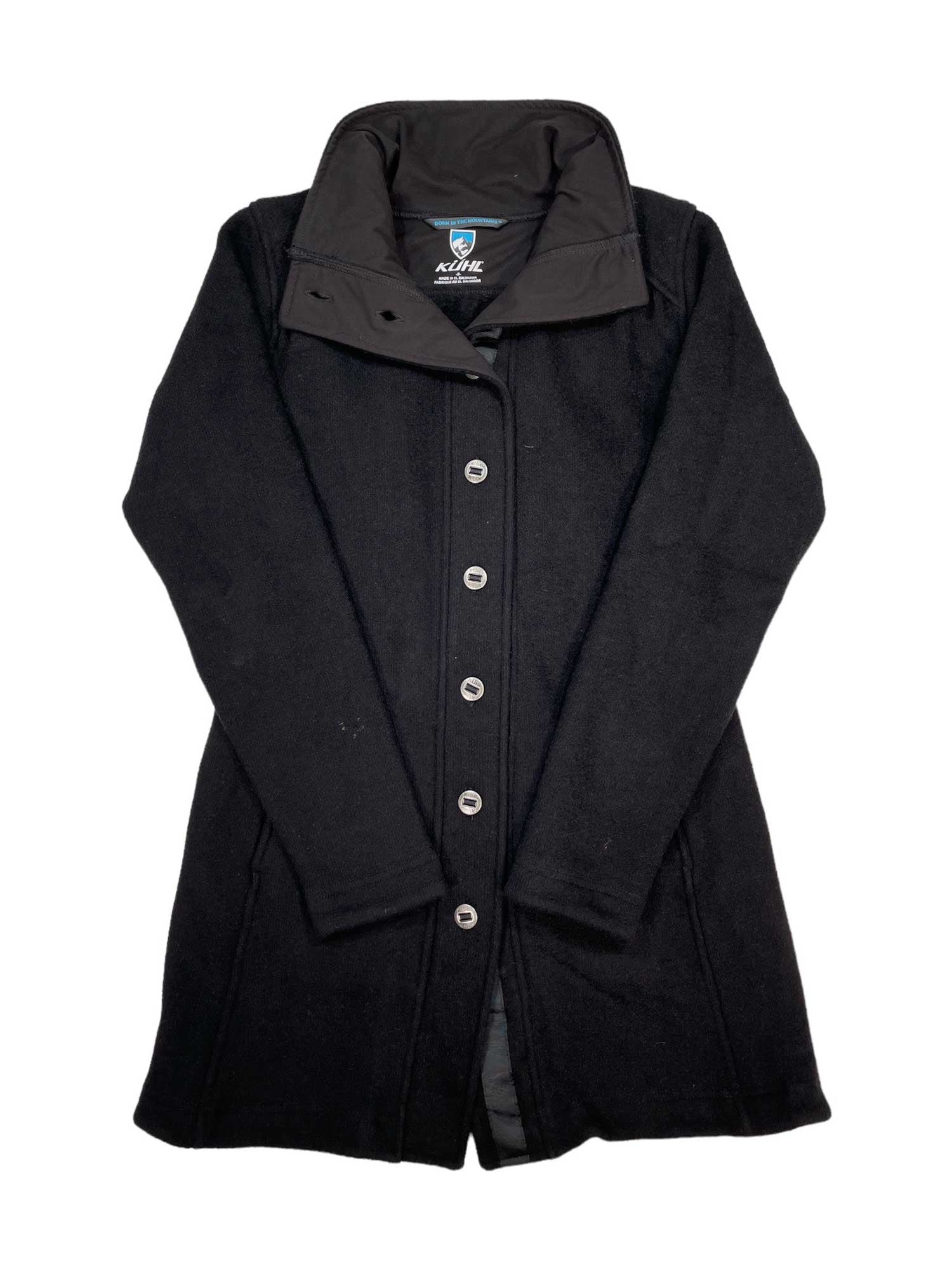 The Alpaca Fleece Long Sweater Jacket is a black long coat with a high collar, front buttons, side pockets, and a microfleece lined collar for comfort, shown laid flat on a white background.