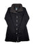 The Alpaca Fleece Long Sweater Jacket is a black long coat with a high collar, front buttons, side pockets, and a microfleece lined collar for comfort, shown laid flat on a white background.