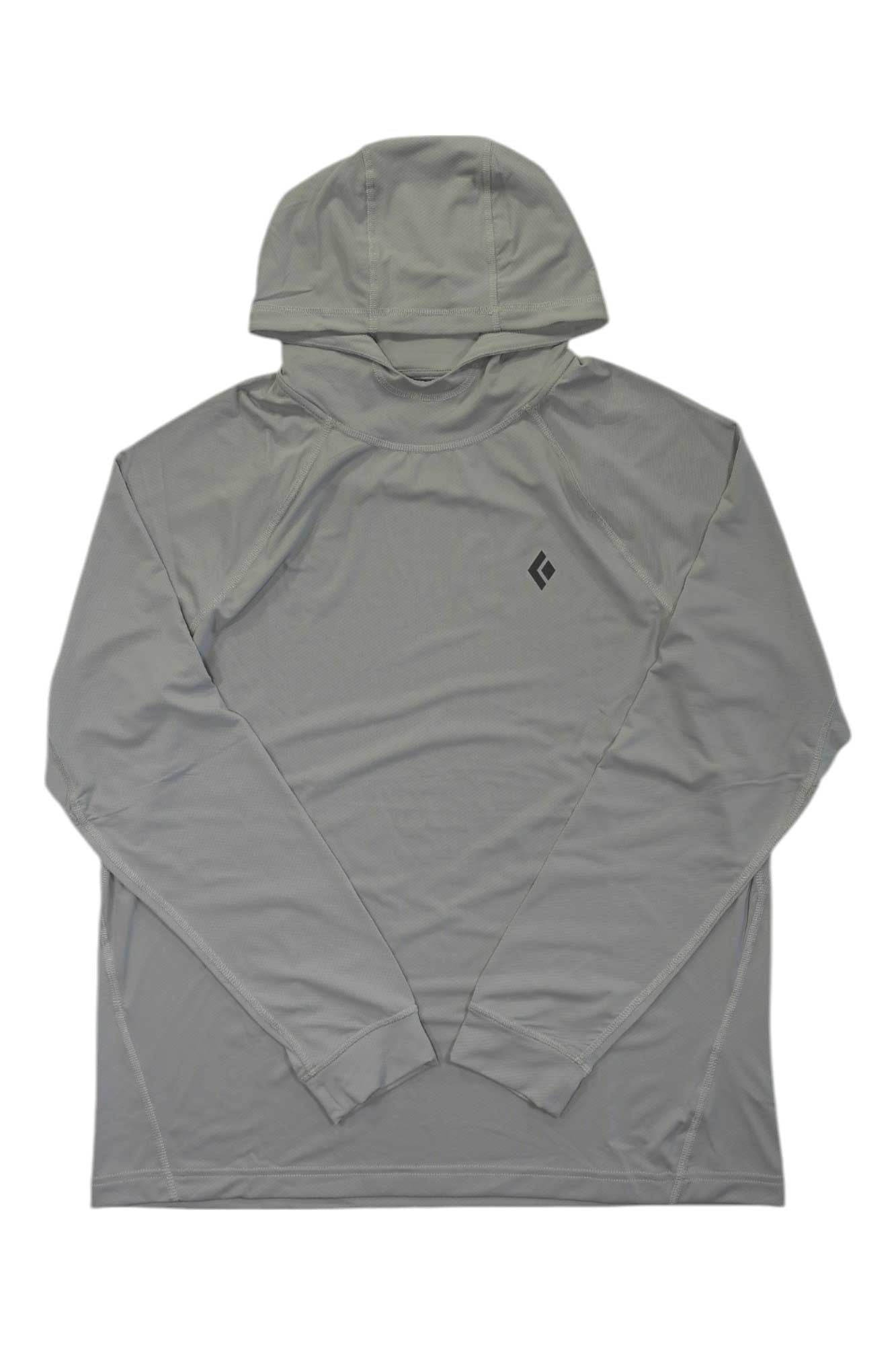 The Black Diamond Mens Alpenglow LS Hoody in light gray is shown laid flat with a small, dark geometric logo on the chest. Its smooth, moisture-wicking fabric makes it perfect for athletic or casual outdoor wear.