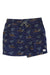 The Katin Men's Hani Volley Short features a navy tropical island and palm tree print on quick-drying nylon, with an elastic waistband, white drawstring, side pockets, and a white logo patch on the bottom left leg.