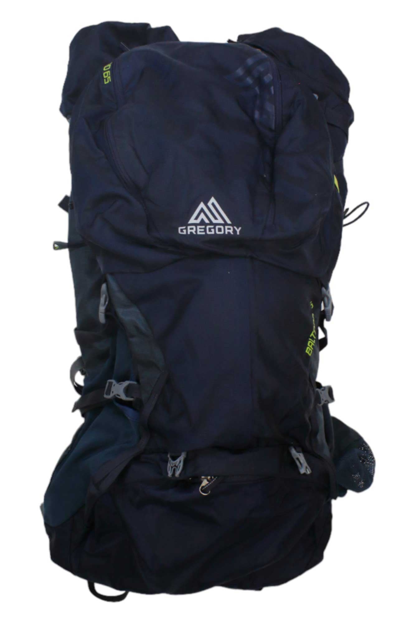 Baltoro 65 backpack in dark navy with front logo and zip pocket details