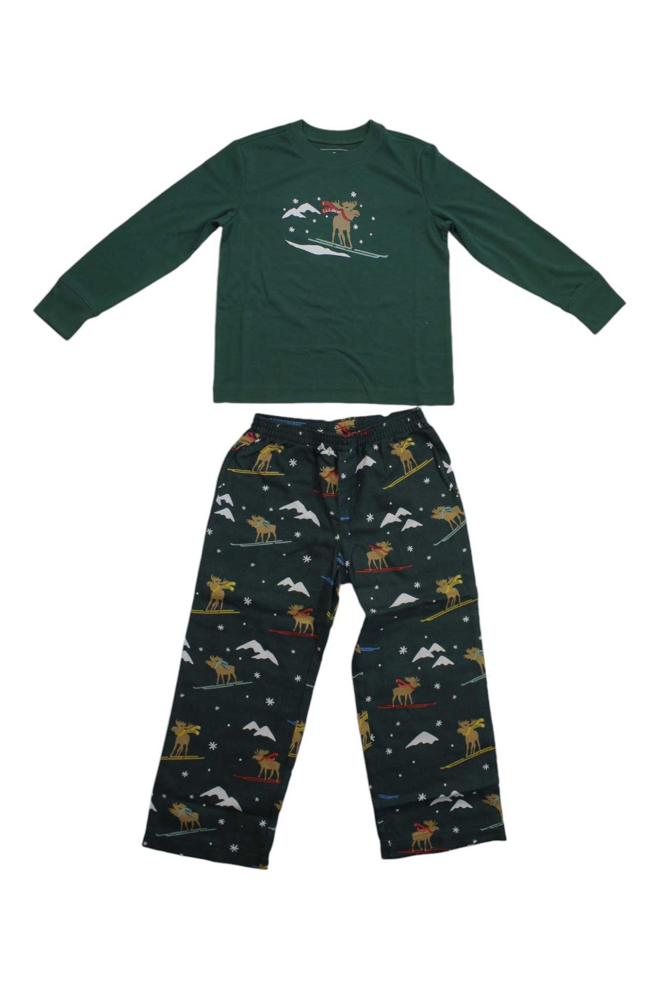 L.L.Bean Little Kids' Flannel Pajamas—green, long-sleeved set with elastic waist and a playful skiing moose graphic—perfect for cozy children's sleepwear.
