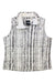 The Womens Nuptse 2 Down Vest is a sleeveless, zip-up vest with a black and white striped textured pattern, stand-up collar, visible inner tag featuring The North Face logo, and insulated with 700-fill-power goose down for warmth.