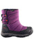 A single purple KEEN Youth Puffrider Waterproof Boot with black rubber sole, red heel accents, side logo, quilted upper, and back drawcord for adjustable fit—perfect insulated winter boots for kids.