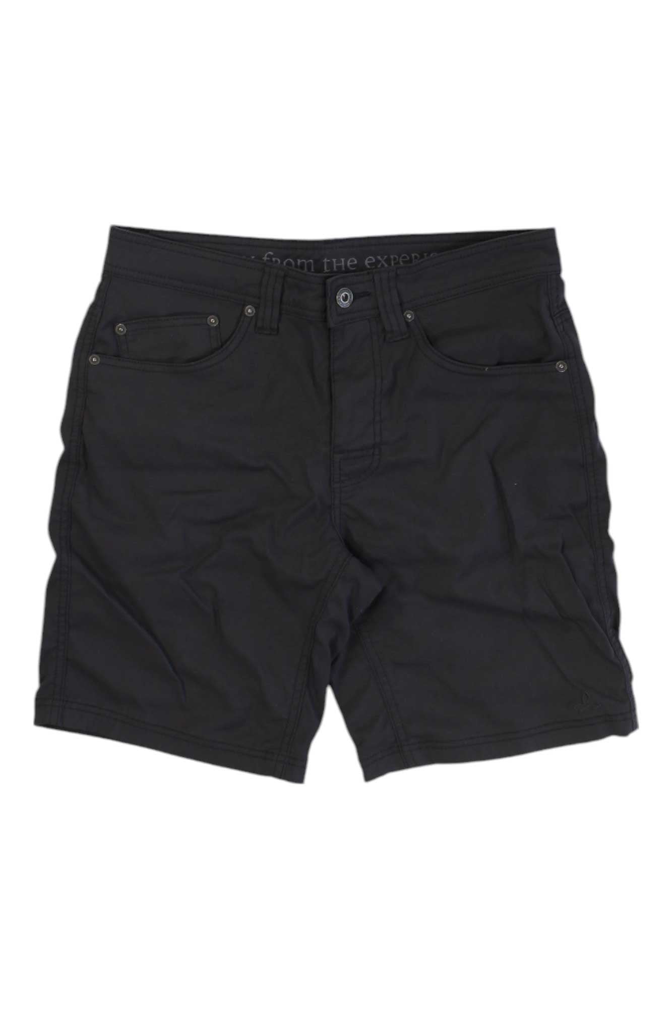 Prana Men's Brion Shorts in black, featuring front and back pockets plus a button-zipper closure, laid flat on white—ideal hiking shorts designed for outdoor performance.
