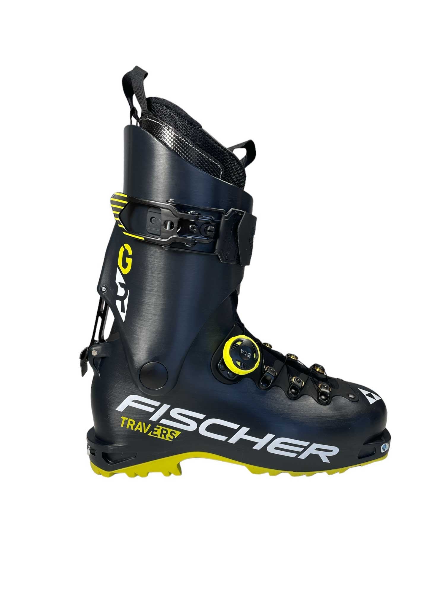 Dark blue Fischer Travers ski boot with yellow accents and strap buckle
