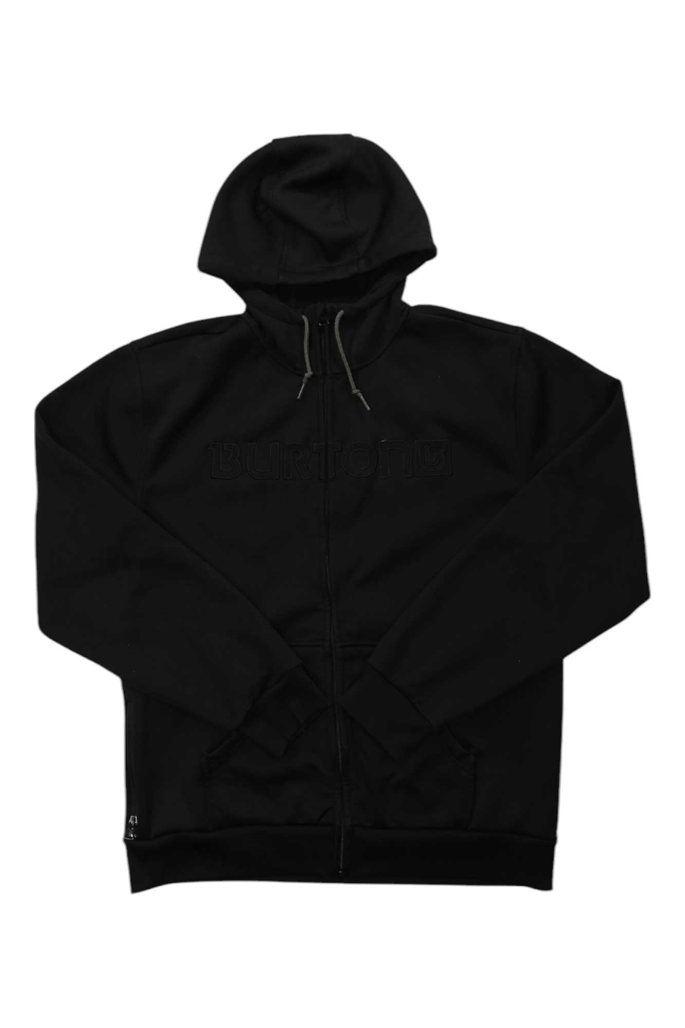 Black bonded full-zip hoodie with hood and drawstring, front zipper