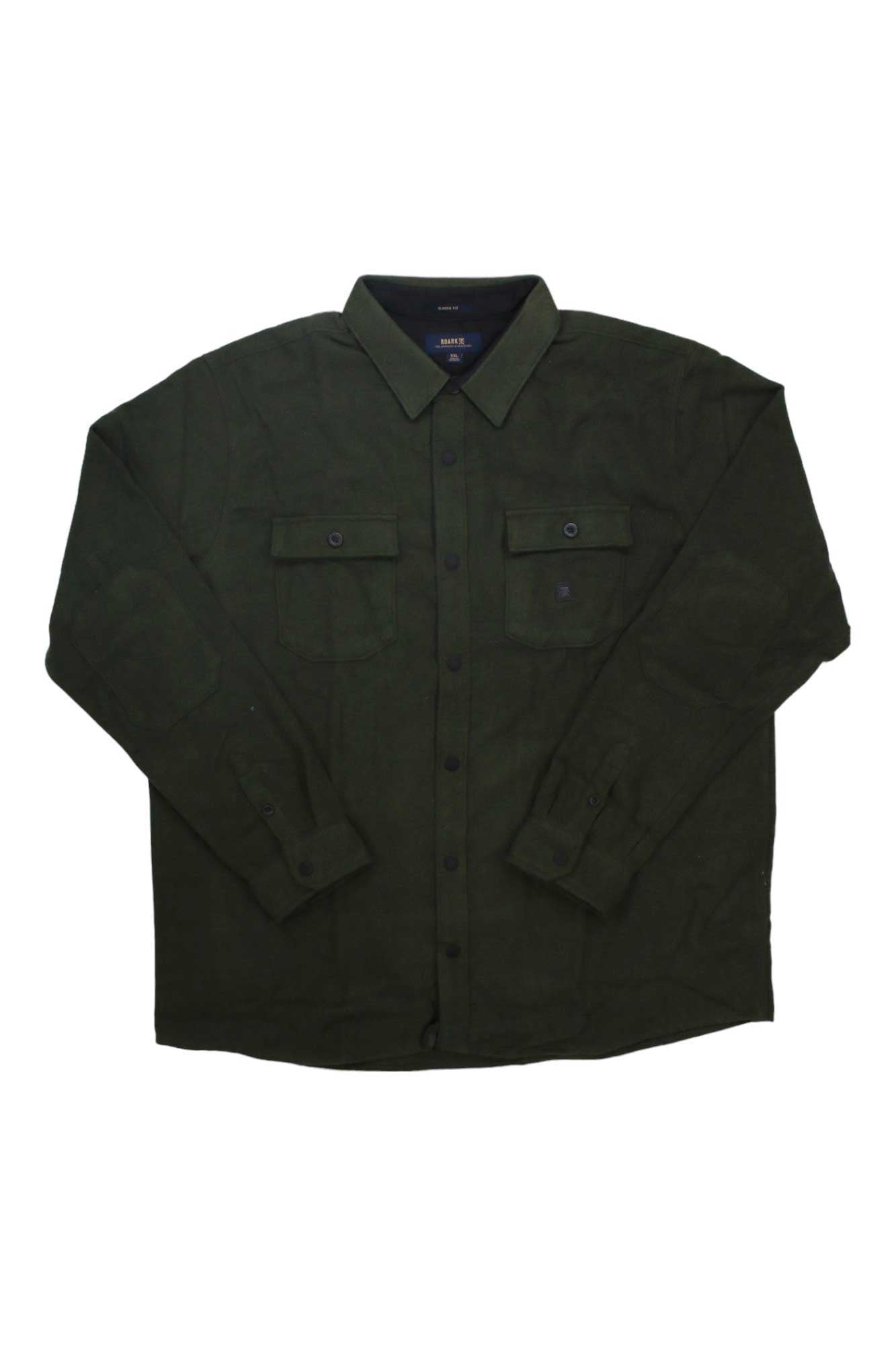 The Roark Mens Nordsman Shirt is a long-sleeved flannel shirt in dark green wool blend with a collar and two chest pockets featuring buttoned flaps, shown laid flat against a white background.