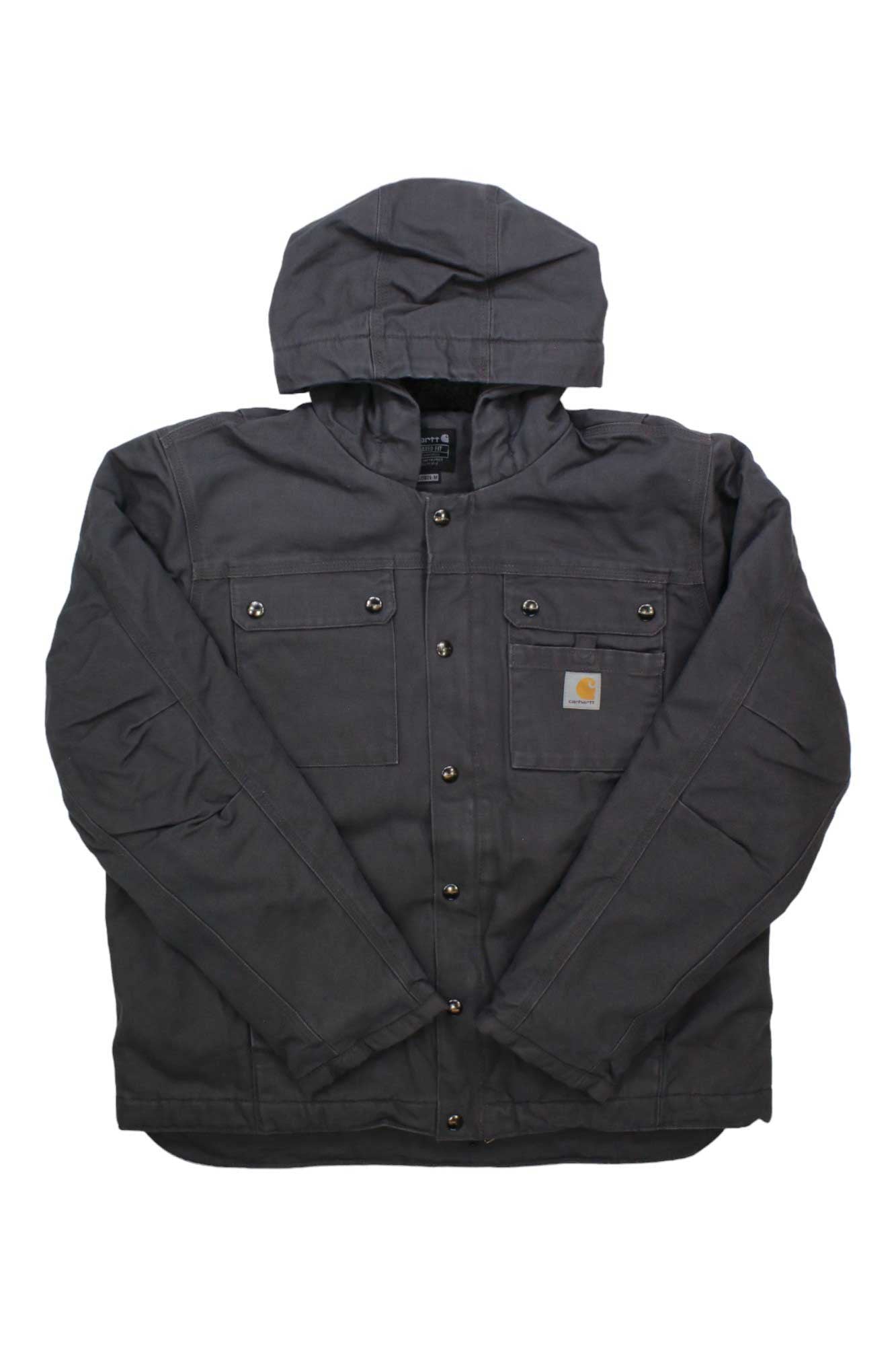 Carhartt duck jacket, charcoal gray, with hood and button front; chest flap pockets
