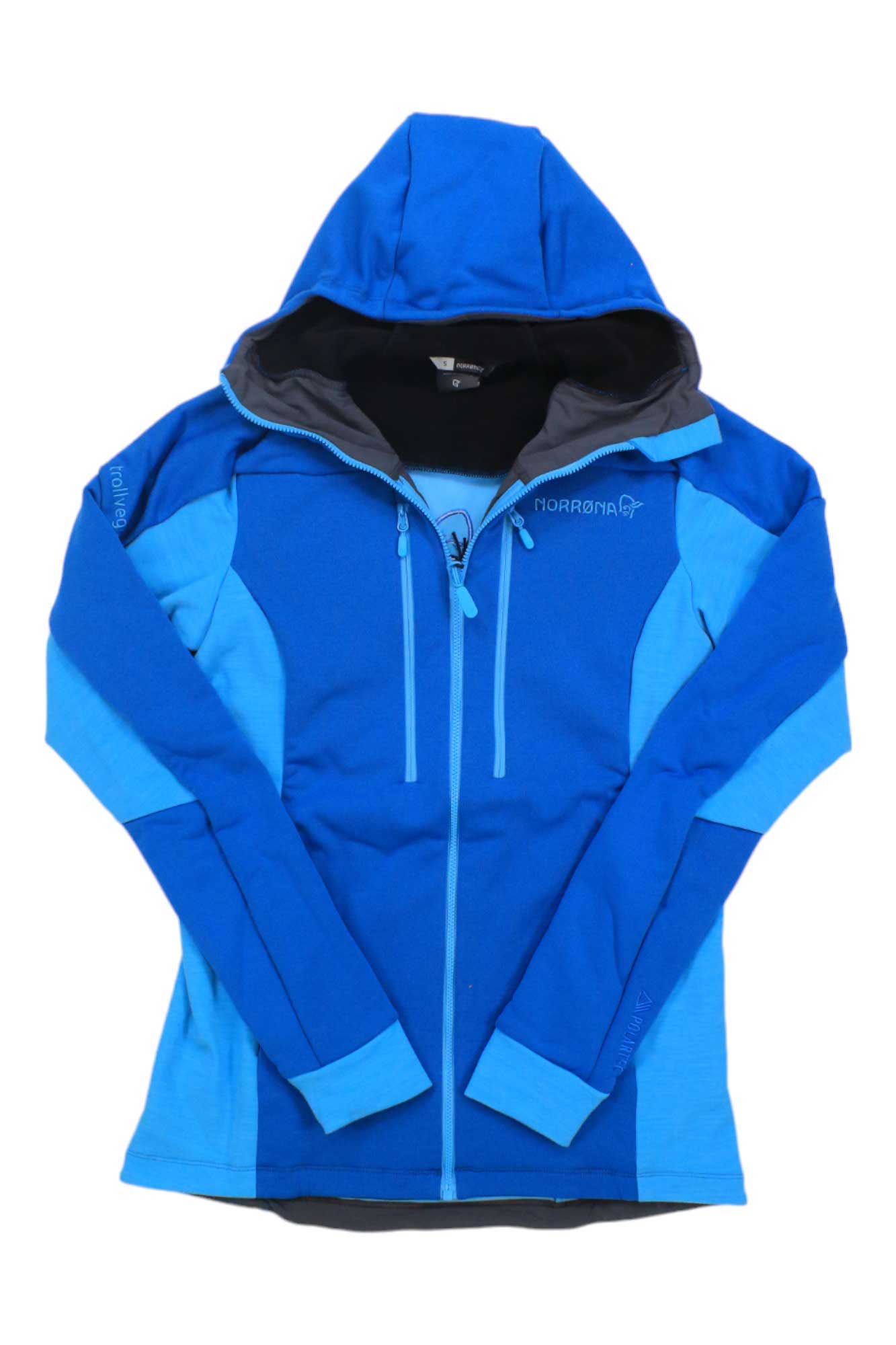 Women’s zip-up hoodie with adjustable hood, bright blue with dark hood lining.