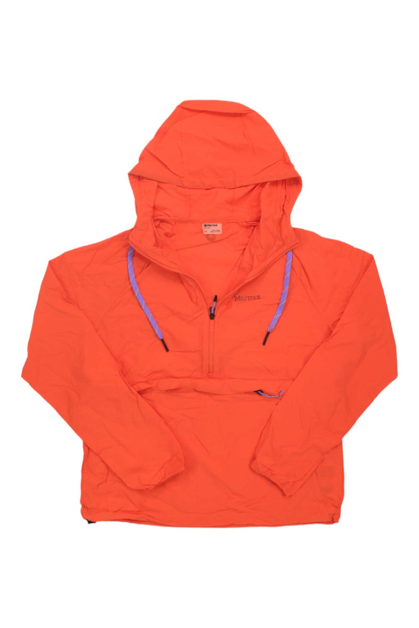 The Marmot Women's Campana Anorak is a bright orange nylon jacket with a quarter front zipper, adjustable hood drawstrings, large front pocket, and long sleeves. Its lightweight design makes it perfect for outdoor activities and sun protection.