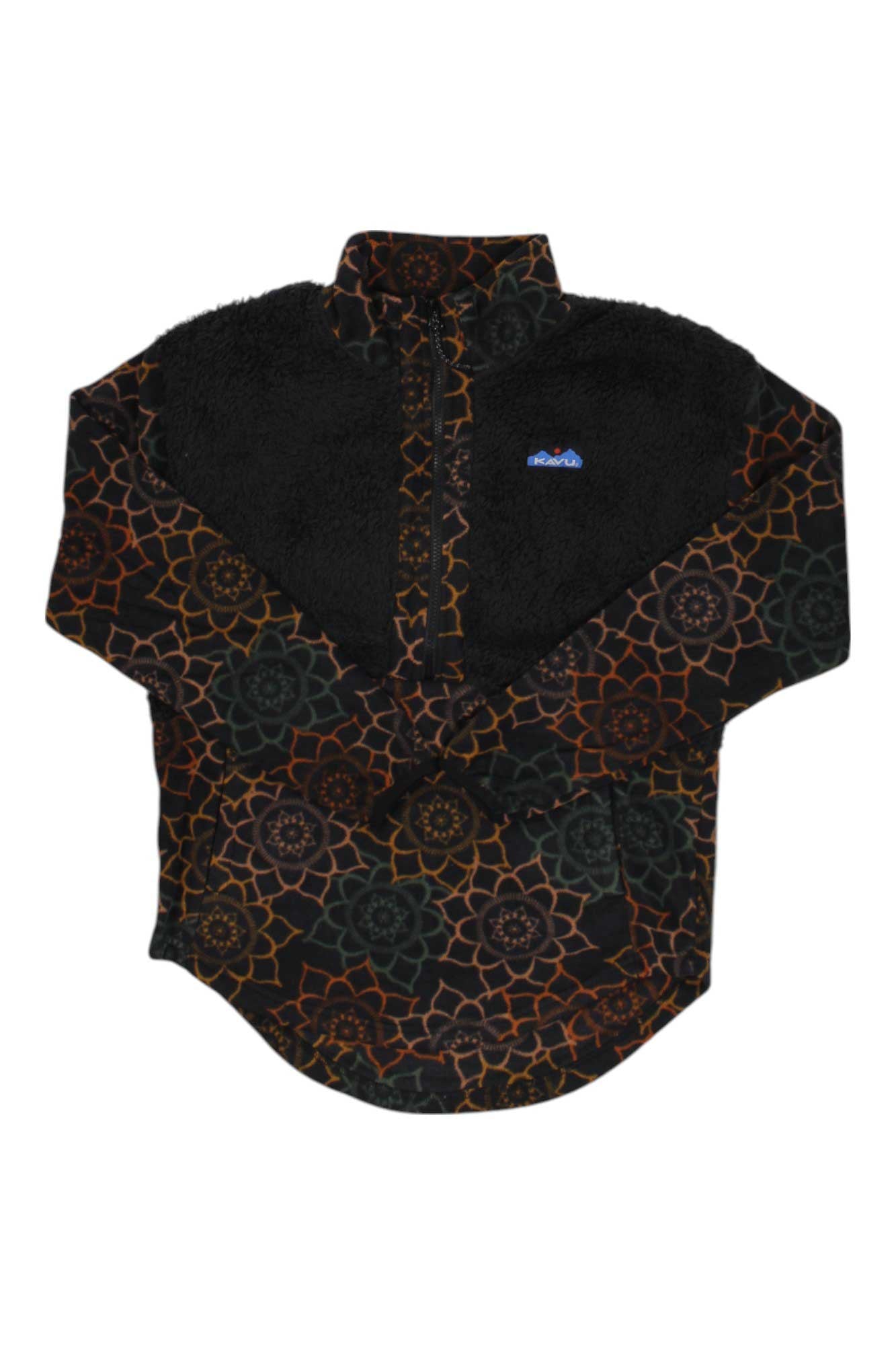 The KAVU Womens Timber Lane Pullover features a black textured upper, vibrant geometric pattern in orange, brown, and green, half-zip front, and a small logo detail on the left chest.