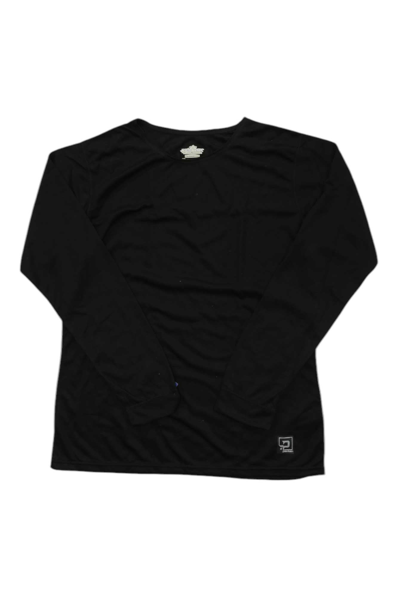The Polarmax Women's Double Base Layer Crew, a black long-sleeve t-shirt with a crew neckline and a small square logo near the front hem, is laid flat on a white background—perfect as a women's base layer.