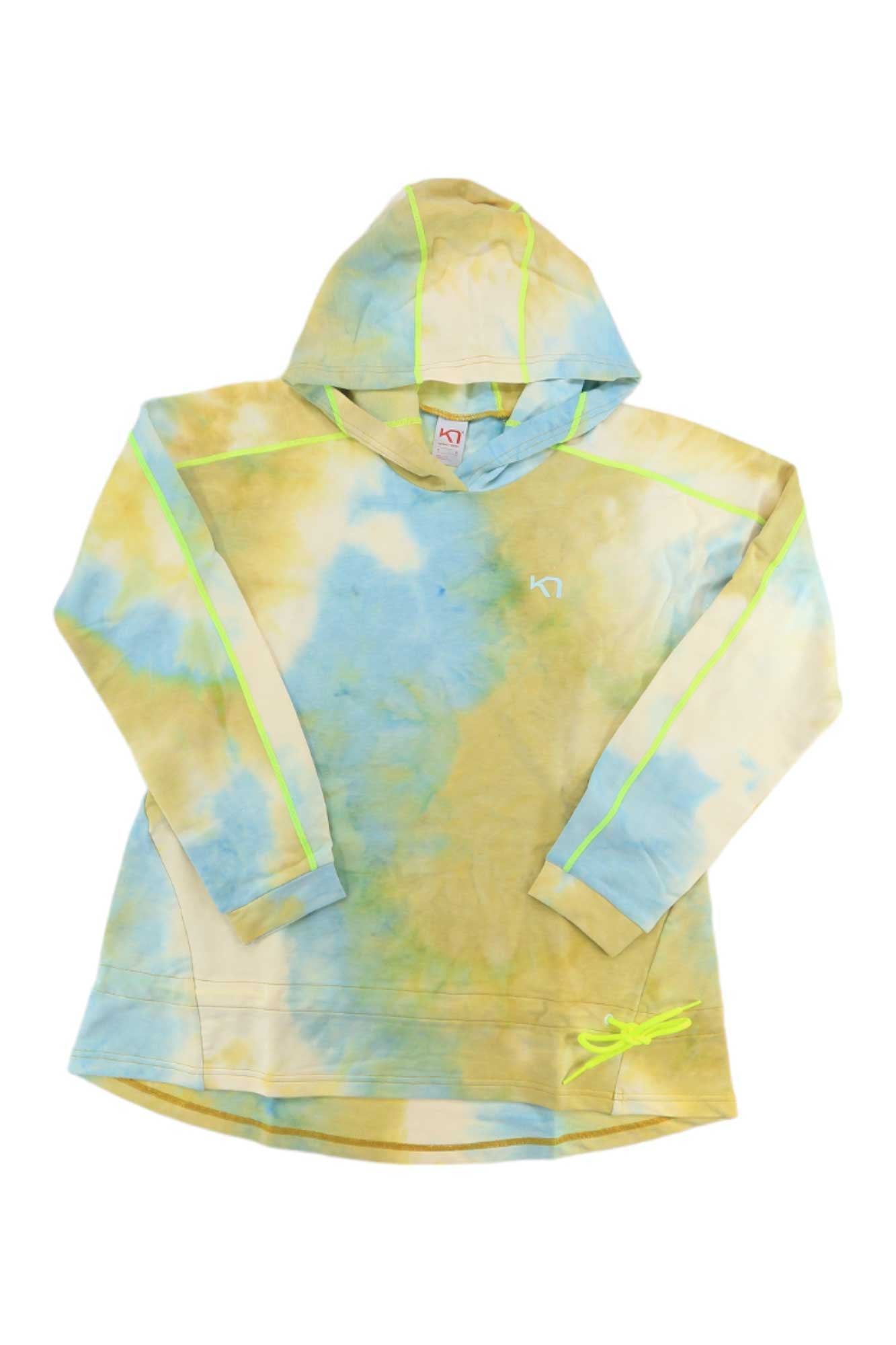 The Kari Traa Womens Agnes Hoody is a tie-dye fitness hoodie in yellow, blue, and green with neon yellow stitching, long sleeves, recycled polyester fabric, a front pocket, and a small white chest logo.