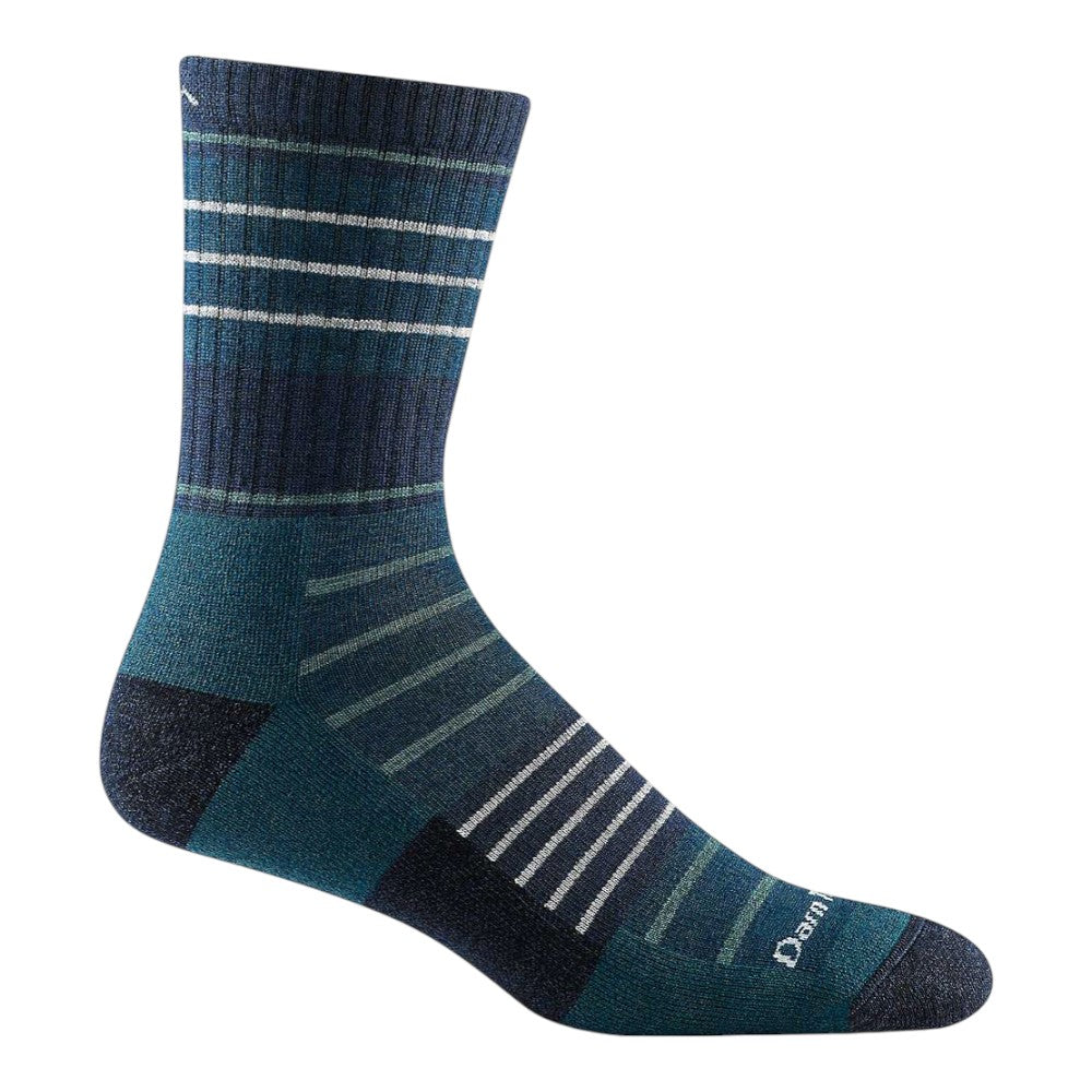 Mens micro crew cushion sock, dark blue with teal stripes and Darn Tough logo