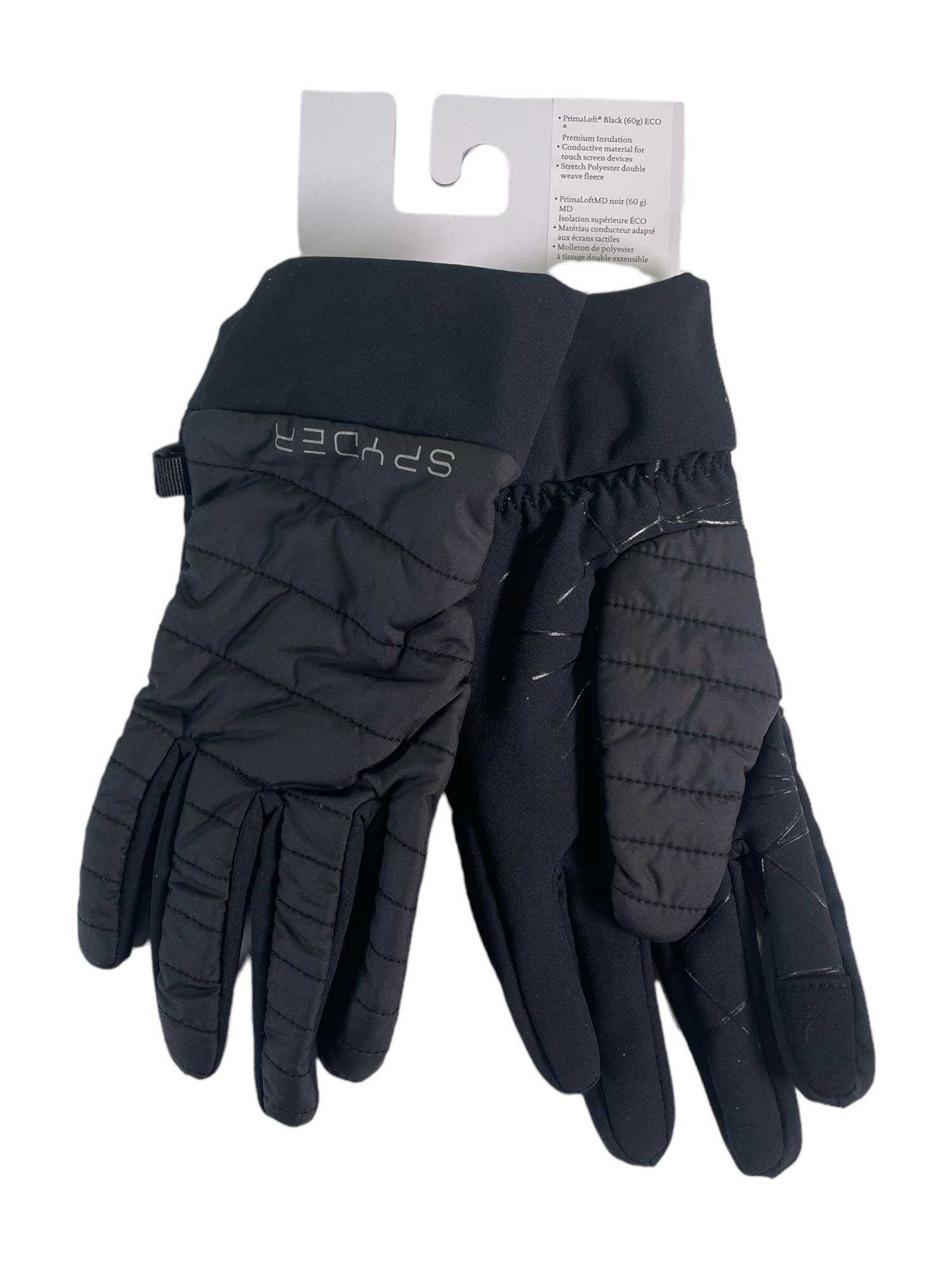 Black insulated winter gloves with Spyder logo on the back and quilted padding