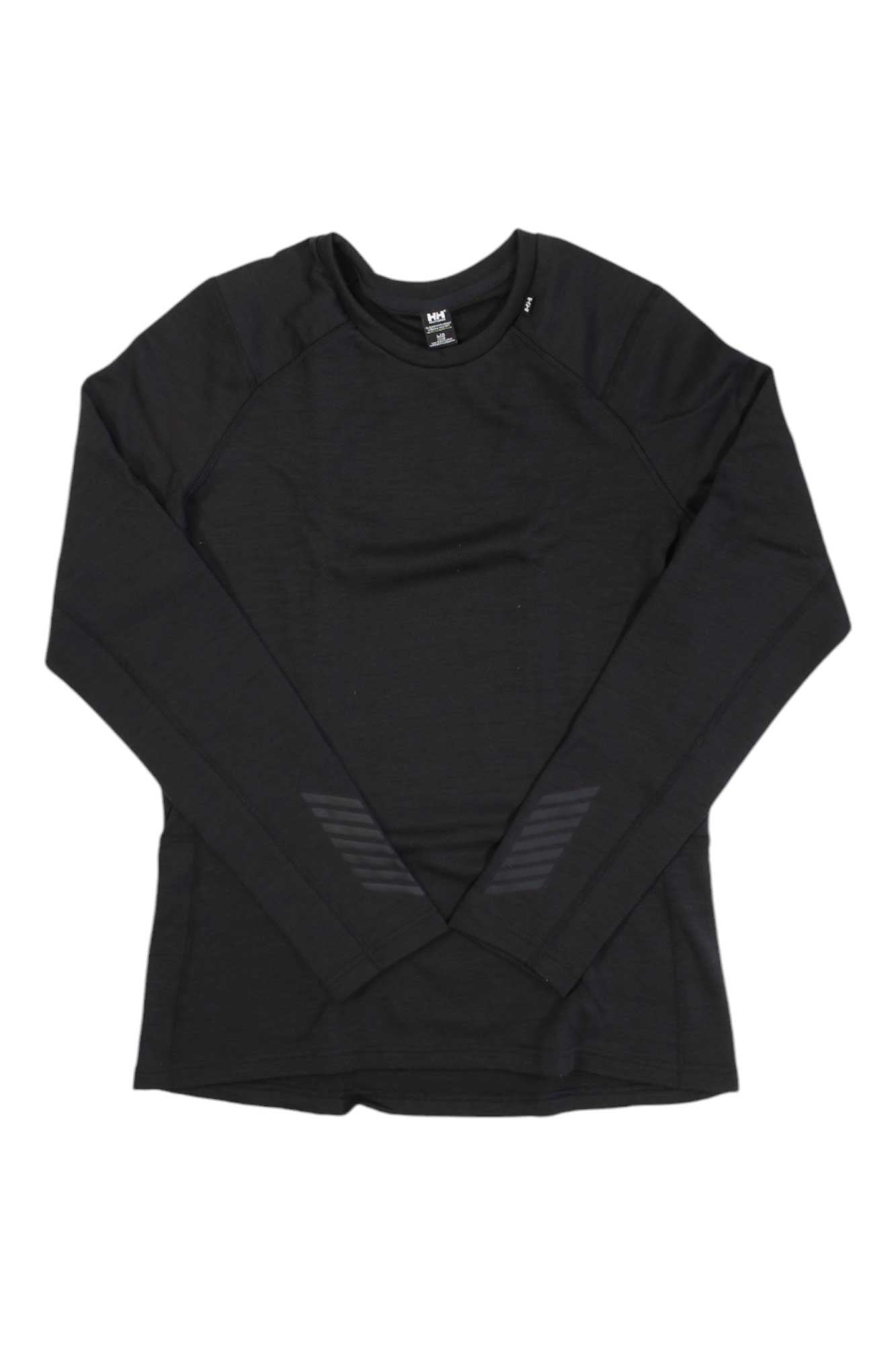 The Helly Hansen Womens Lifa Merino Midweight Crew is a black crew-neck shirt for women, seen flat on a white background, featuring subtle horizontal stripe accents near the lower sleeves for added style.