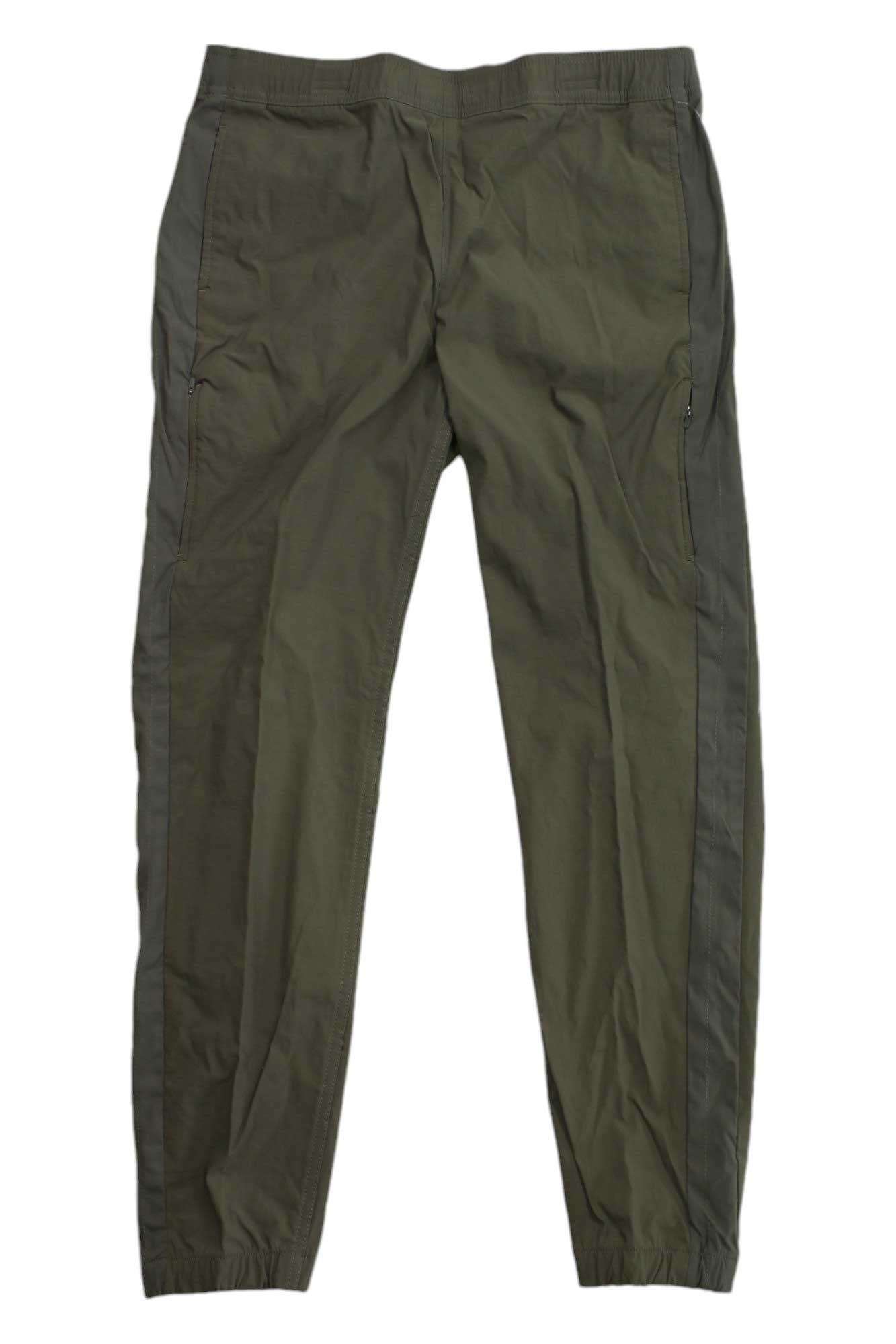 The Eddie Bauer First Ascent Women's Guide Jogger in olive green features UPF 50+, elastic cuffs and waistband, and a lightweight design—perfect for outdoor adventures. Shown here from the back.
