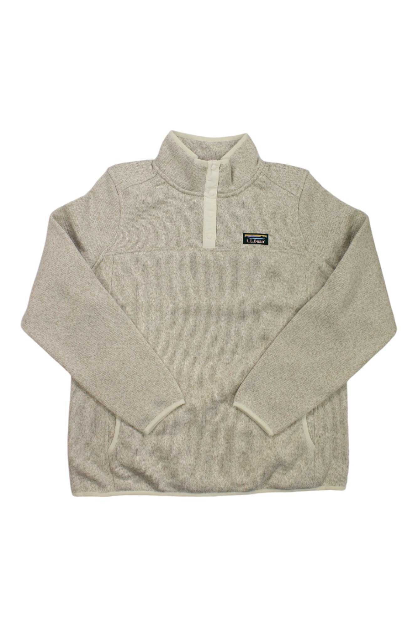 The L.L.Bean Womens Sweater Fleece Pullover in light gray features a stand-up collar, partial button placket, long sleeves, front pockets, and a small rectangular logo patch on the left chest, shown laid flat on a white background.