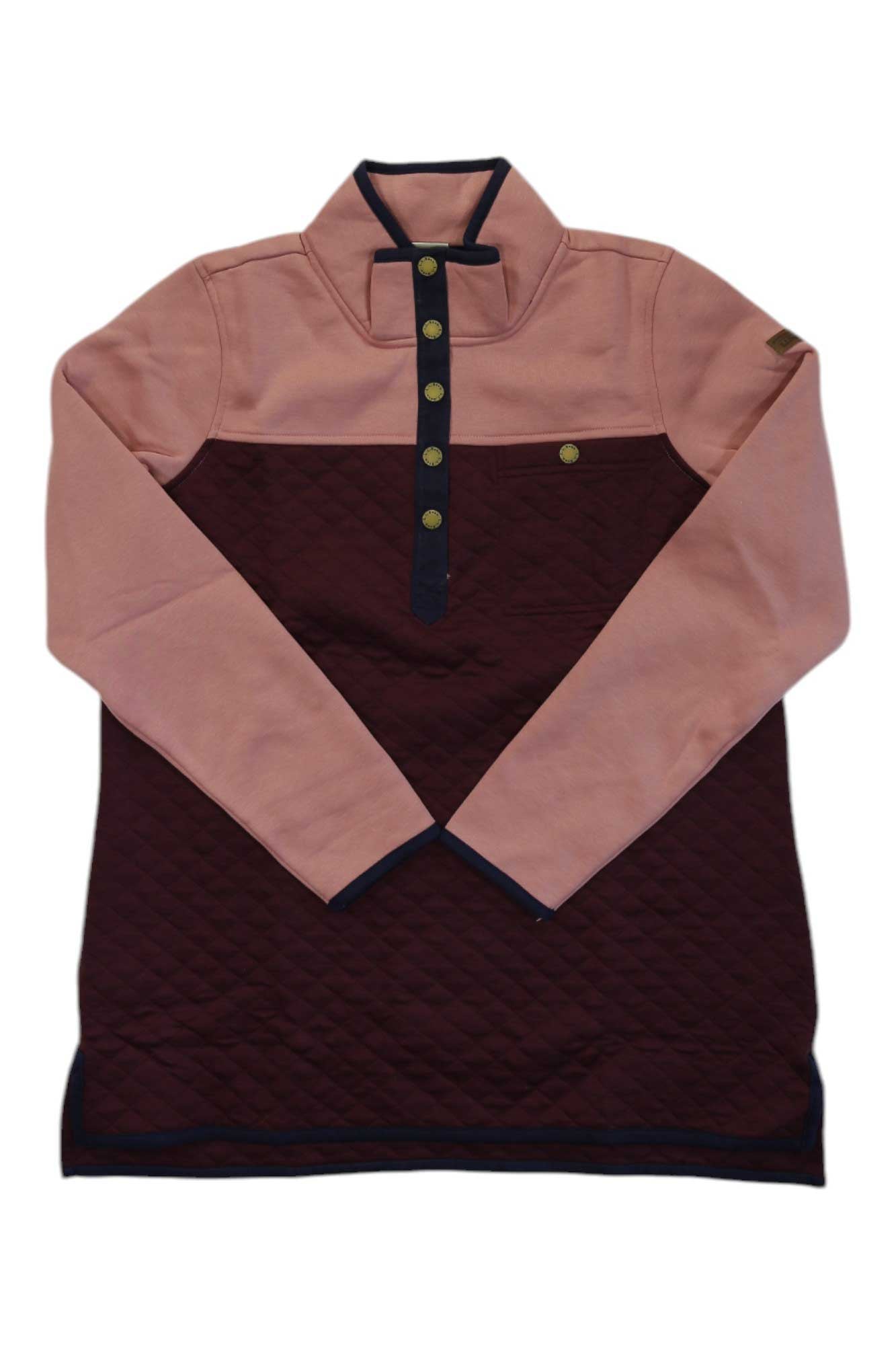 Quilted mockneck tunic in rose and dark wine, diamond center panel with snap buttons