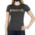 A woman wears the Moosejaw Women's Retro Axel Foley SS Tee, a dark gray vintage t-shirt with "detroit" in colorful letters. She styles it with a dark face mask and stands confidently, hand on hip.