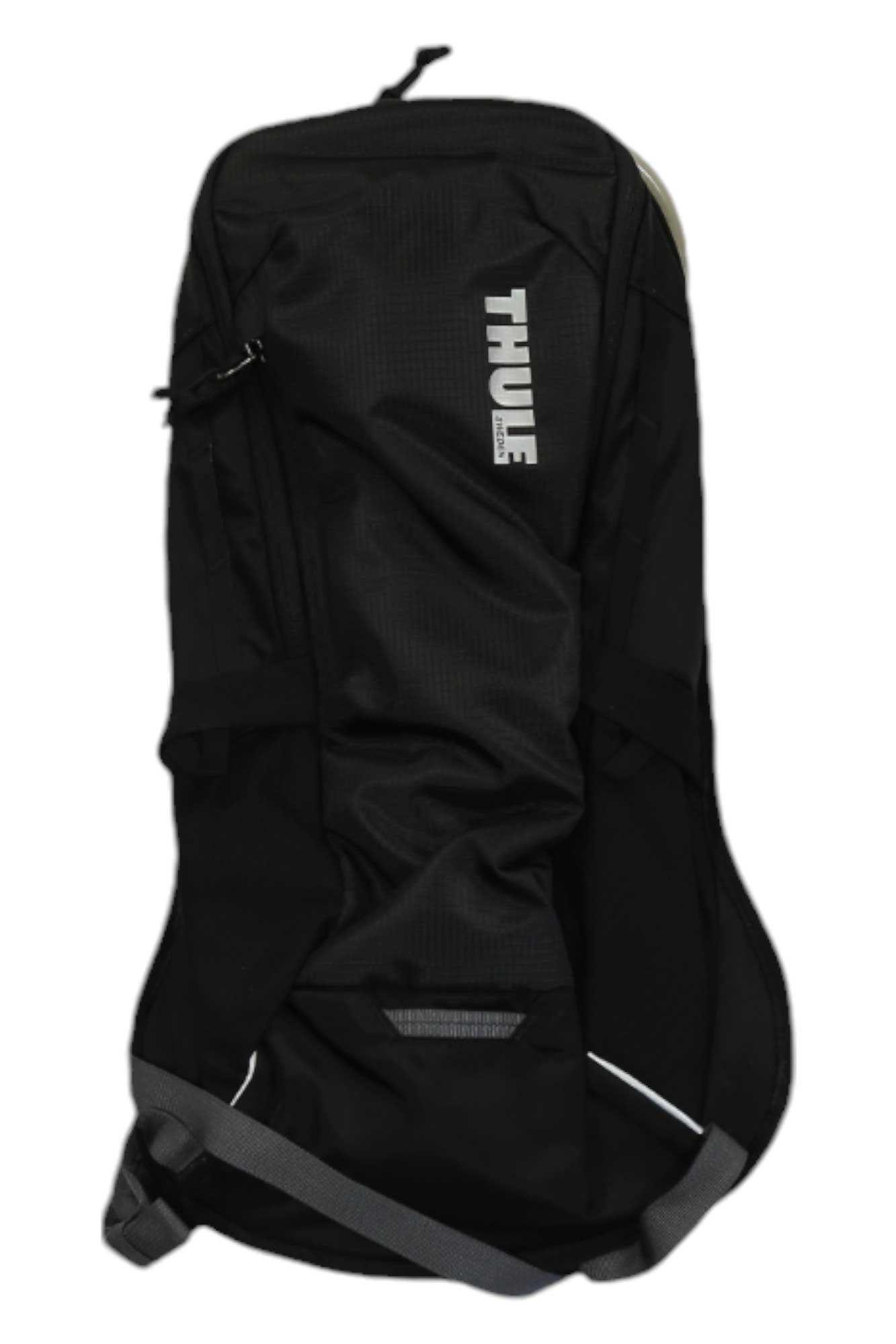 A black Thule Uptake Hydration Pack with a visible logo, side buckle, and adjustable shoulder straps, designed to fit a HydraPak reservoir, is shown against a white background.