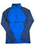 The Mens Alpine Onset Zip Top is a long-sleeve athletic pullover with a quarter-zip front, moisture-wicking fabric, bright blue body, dark gray sleeves and side panels, and the Outdoor Research logo on the left chest.