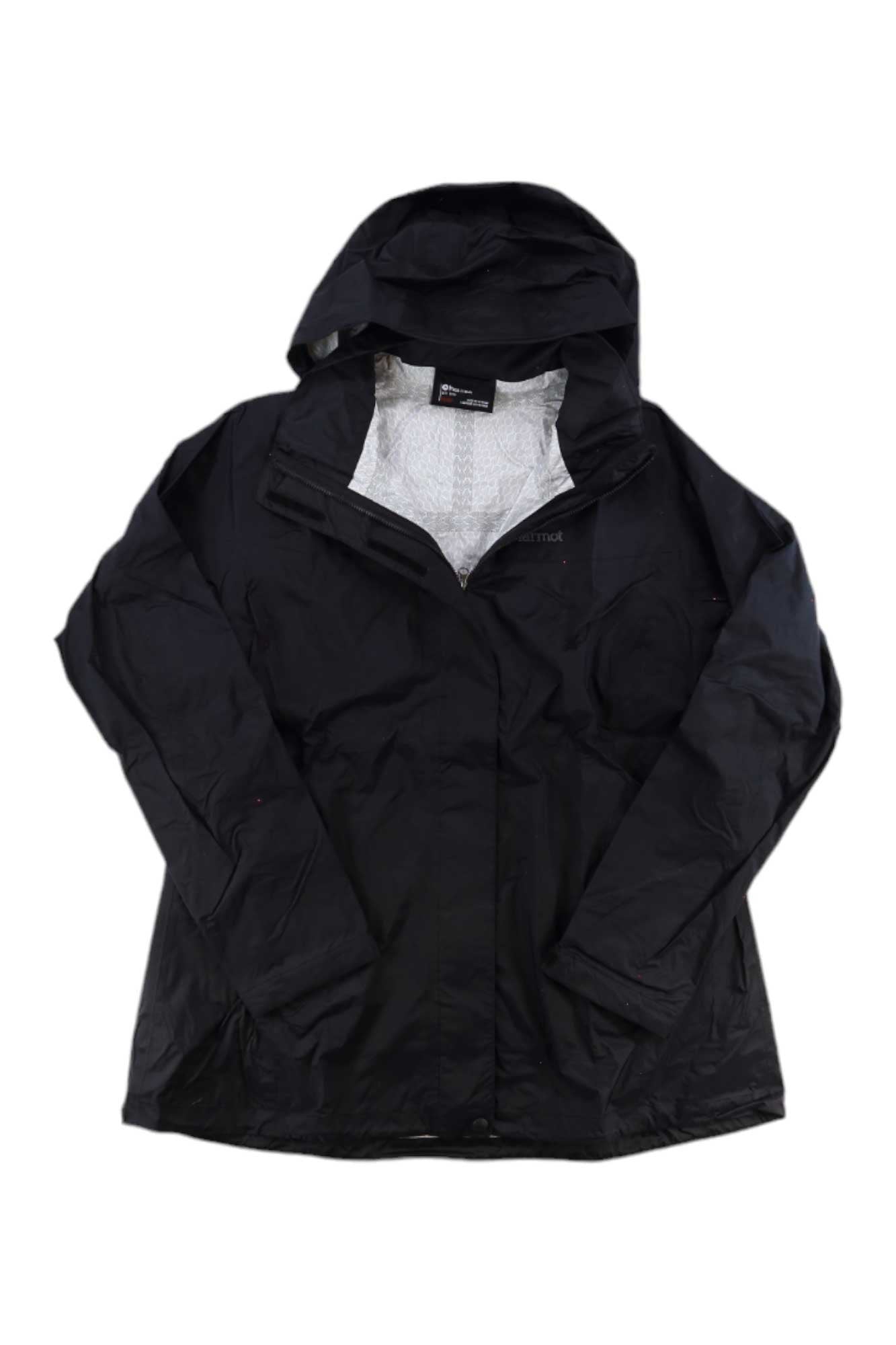 The Marmot Womens PreCip Eco Jacket - Plus is a black, lightweight, packable rain jacket with a hood, front zipper, and two side pockets, shown laid flat on a white background.