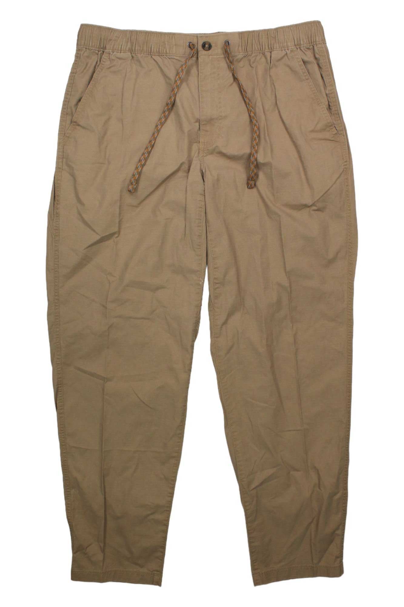Men's tan ripstop pants with drawstring waist and tapered leg openings