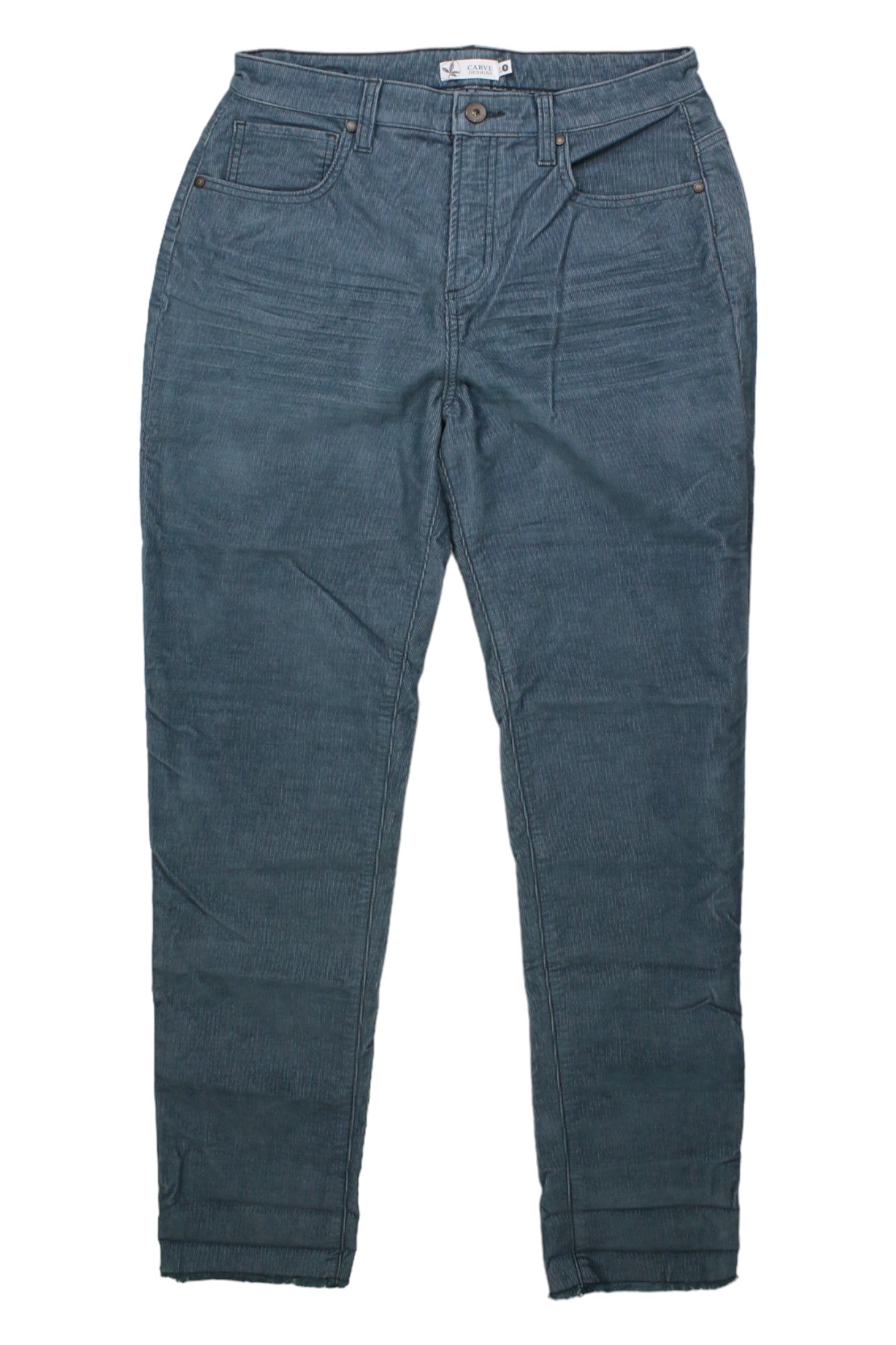 The Carve Designs Women's Carson Cord Hi Rise Pant in blue features front and back pockets plus a button and zipper closure, shown laid flat on a white background.