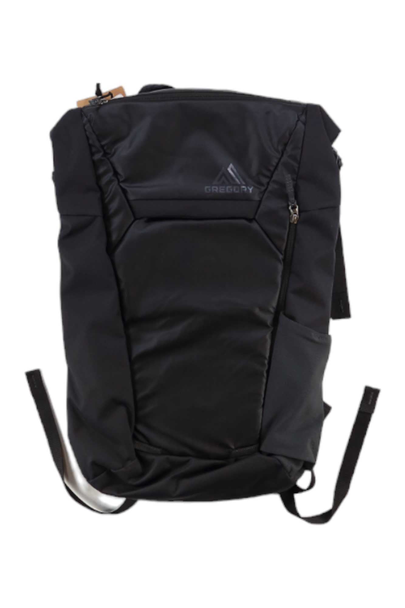 The Gregory Resin RT Pack is a black, weather-resistant backpack featuring a sleek, angular design, front zippered pocket, and adjustable shoulder straps, shown against a white background.