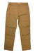 A pair of Carhartt Men's Rugged Flex Rigby Double-Front Pants in tan with reinforced knees, straight-leg design, front and back pockets, and belt loops is laid flat on a white background.