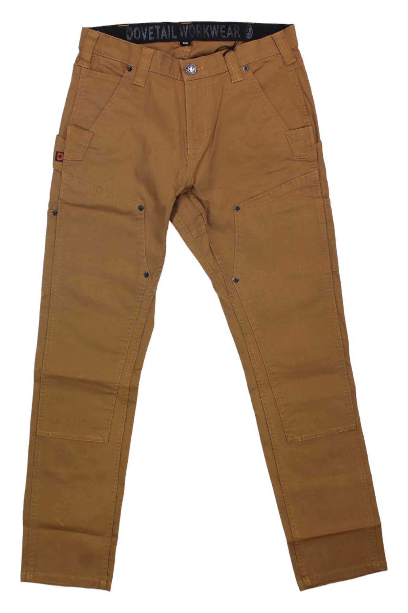 Women’s slim saddle brown canvas pants with belt loops, button fly, side and rear pockets