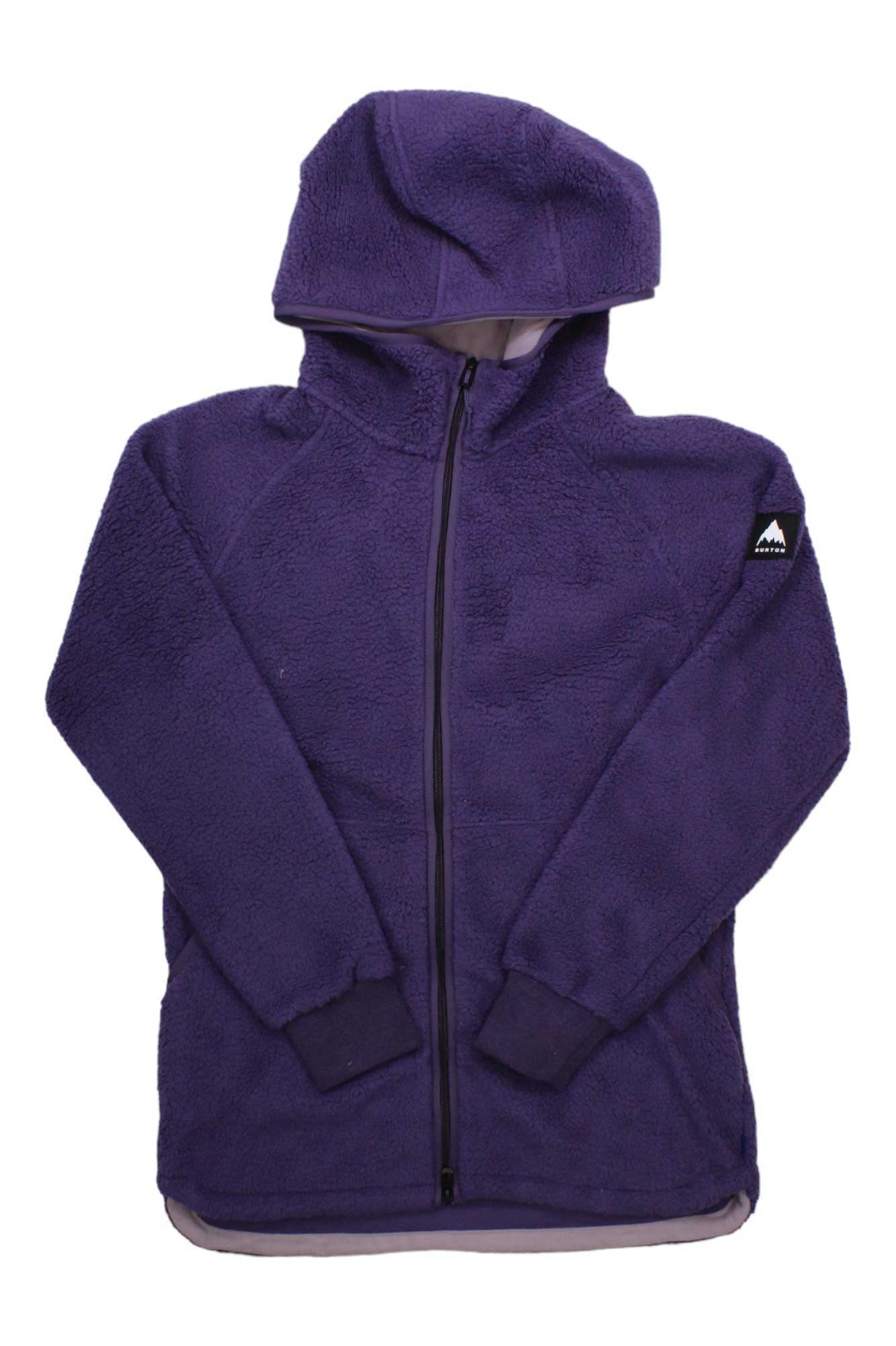 The Burton Womens Minxy Full Zip Fleece Jacket in purple is eco-friendly and features a full zip front, long sleeves, a cozy hood, and a small mountain logo patch on the upper left sleeve.