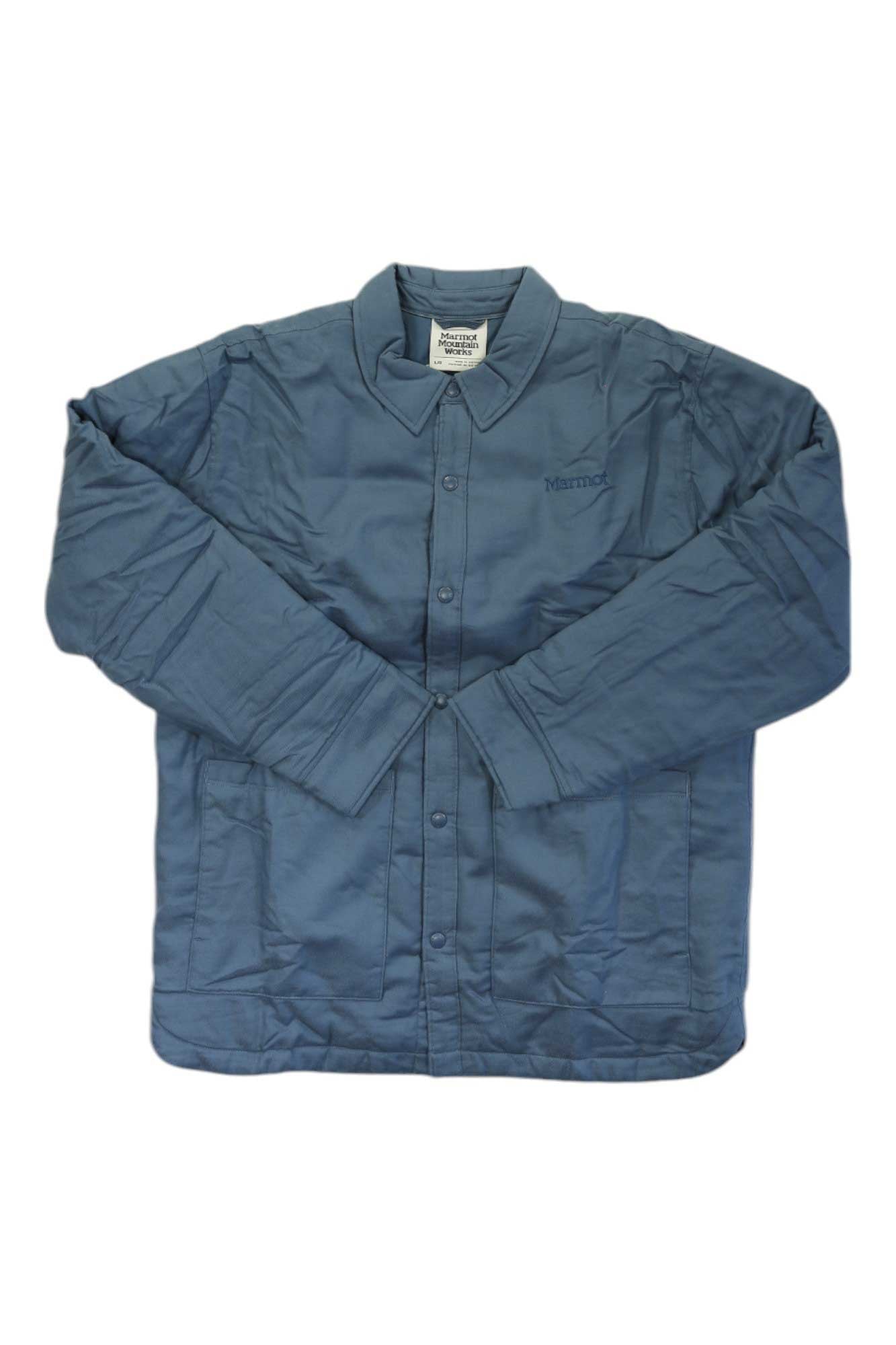 The Mens Lanigan Flannel Chore Coat, in blue, is a collared, long-sleeve button-up laid flat. It features a subtle chest logo, slight wrinkles, and is crafted from recycled materials for eco-friendly appeal.